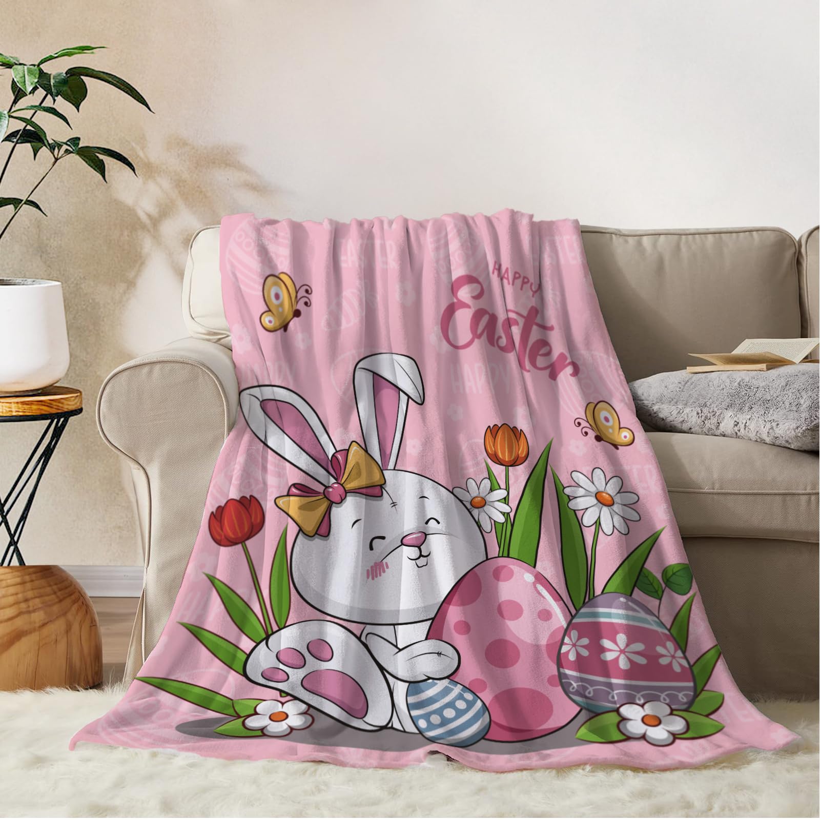 YeeJu Easter Large Throw Blanket 50x70 Pink Easter Rabbit Bunny Egg Blanket Throw Blanket for Couch Sofa Bed Soft Cozy Fuzzy Plush Fleece Blankets and Throws Spring Blanket 50 by 70