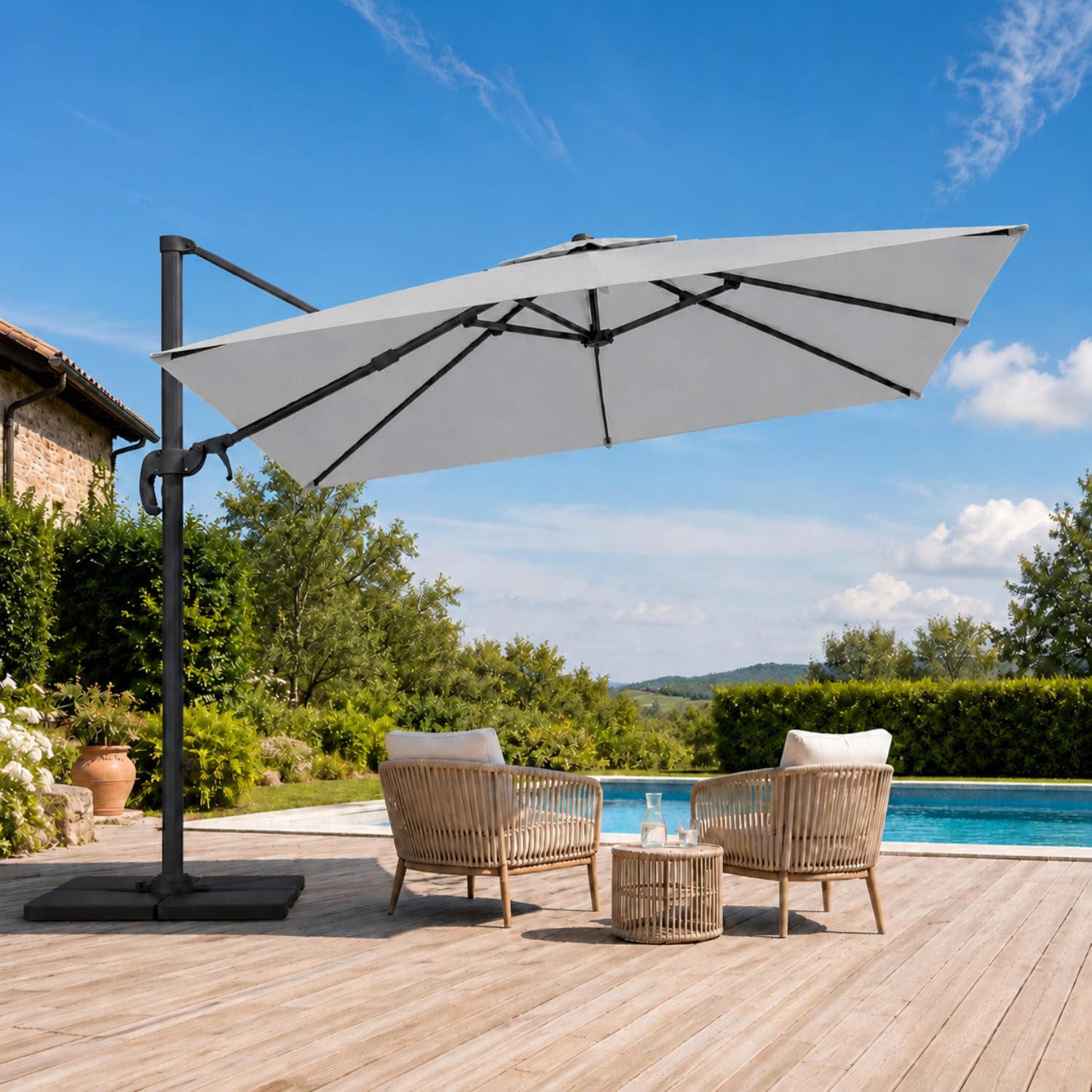 Ombrellone 3x3 M Giardino Braccio Retrattile Per Piscina Terrazze Bar Hotel In Acciaio Inossidabile Braccio Rotabile 360° Impermeabile Resistente Ai Raggi UV Grigio Chiaro