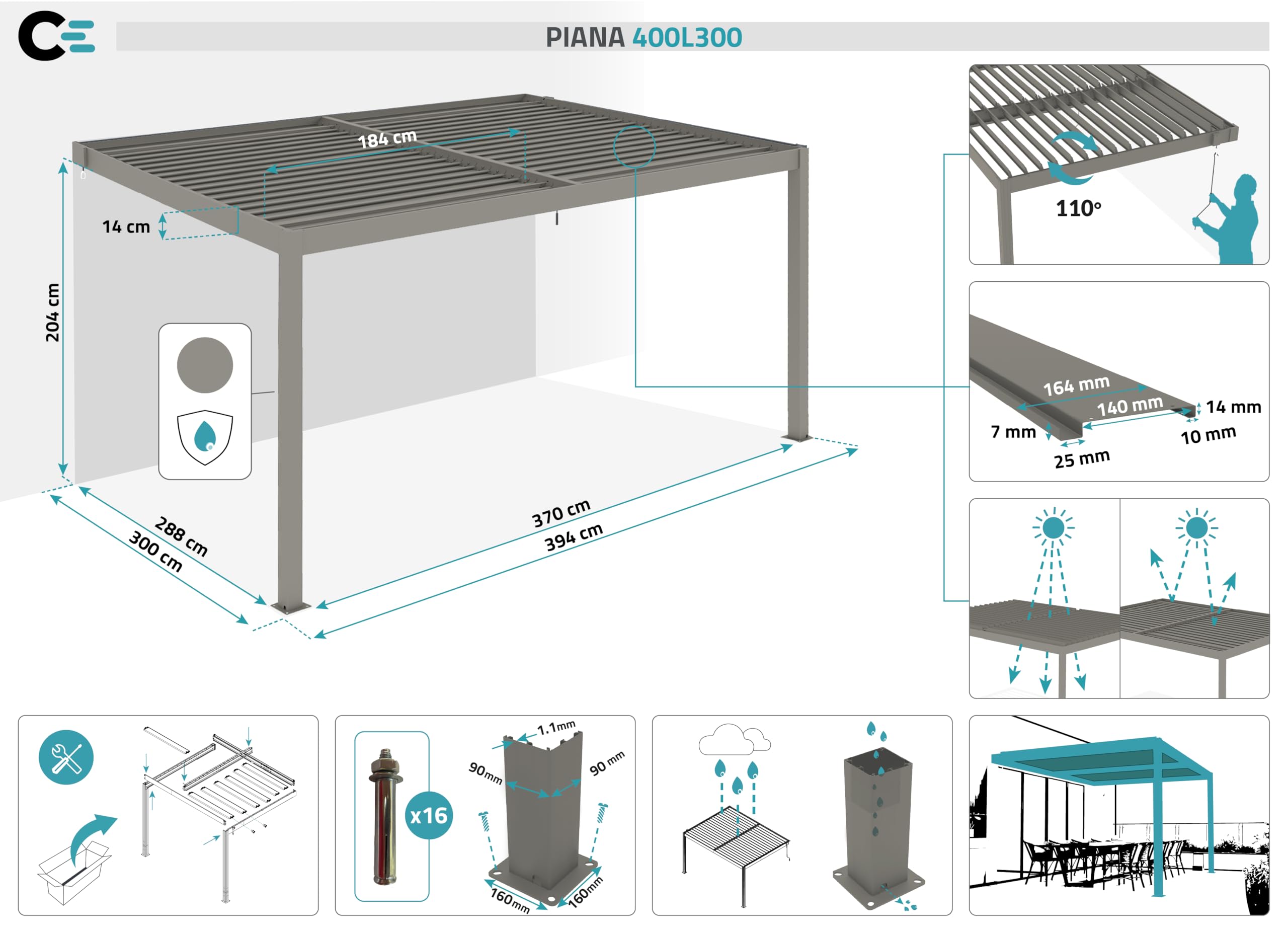 Cazeboo Pergola bioklimatyczna oparta 4x3m Piana Aluminium Taupe