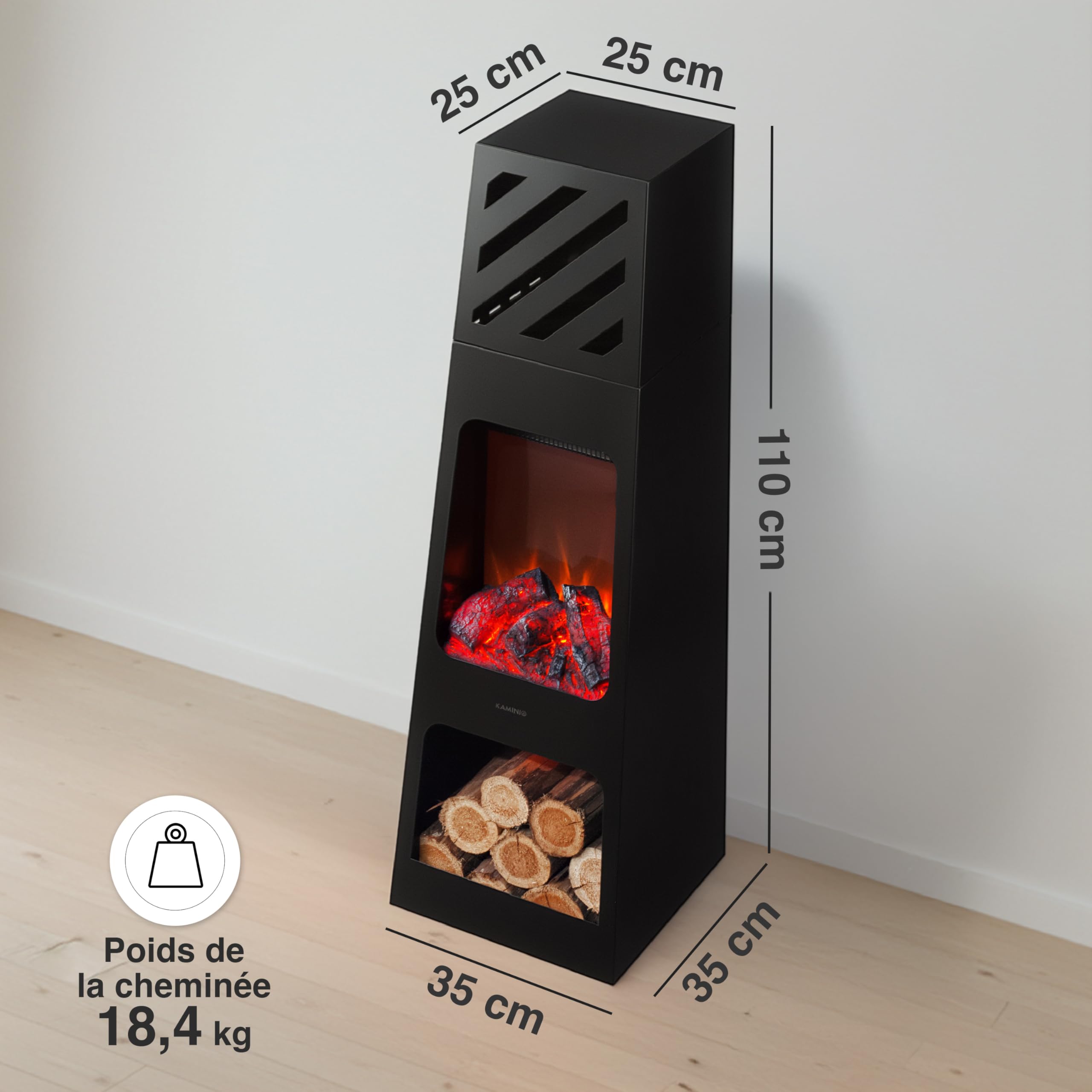 KAMINIO Cheminée électrique de Jardin Kai - Brasero électrique d'extérieur avec Chauffage, Effet de Flamme 3D, lumière d' Ambiance LED, casier à Bois, télécommande (X-Large)