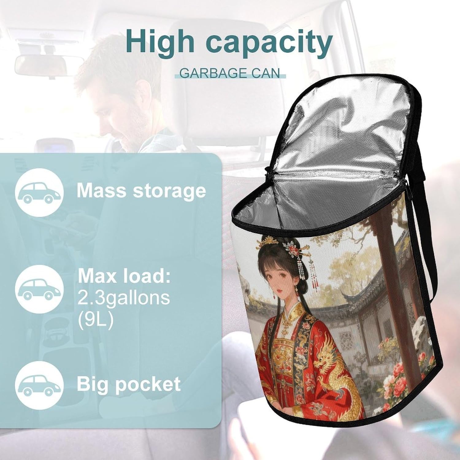 MUSM Leakproof Car Trash Can 2.5 Gallon, Durable Automotive Garbage Bag with Waterproof Liner, Ancient Costume Trash Bag for Car, Truck, RV & Bathroom