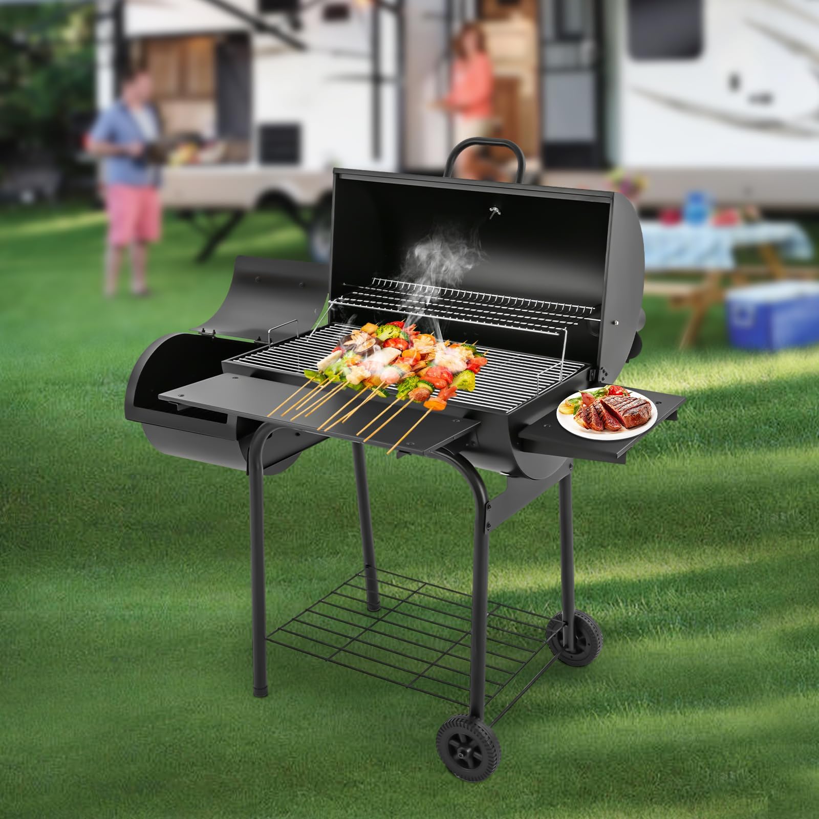 Grill na węgiel drzewny z pokrywką, duży grill węglowy z kółkami i termometrem i 2 półkami, na kemping i do ogrodu, 147 x 70 x 126 cm