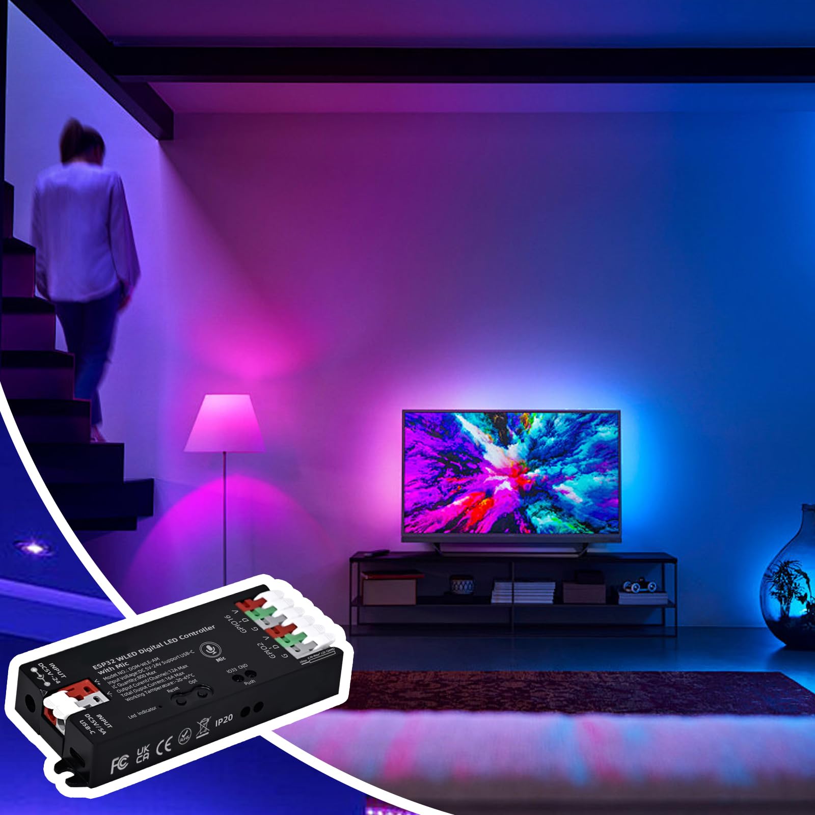 Controller WLED con Microfono, Controller Digitale ESP32 per Strisce LED RGB, RGBW, DC5-24V Controllers WLED Digitale Indirizzabile per Strisce LED WS2811, WS2812B, SK6812, WS2805