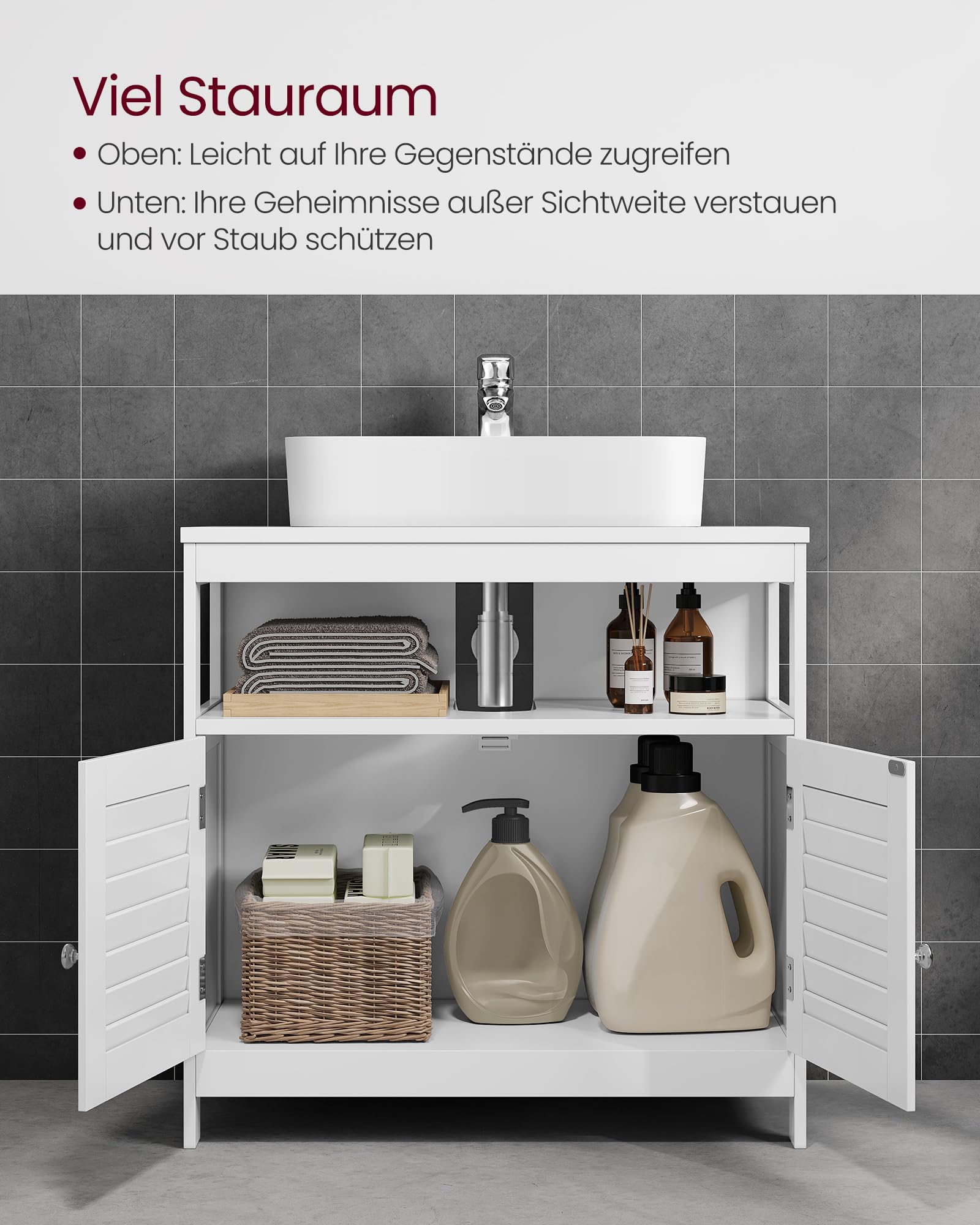 VASAGLE Waschbeckenunterschrank, Badezimmerschrank, Aufbewahrungsschrank, 30 x 60 x 60 cm, mit 2 Lamellentüren, offenes Fach, verstellbare Regalebene, mit Griffen, wolkenweiß BBC02WT
