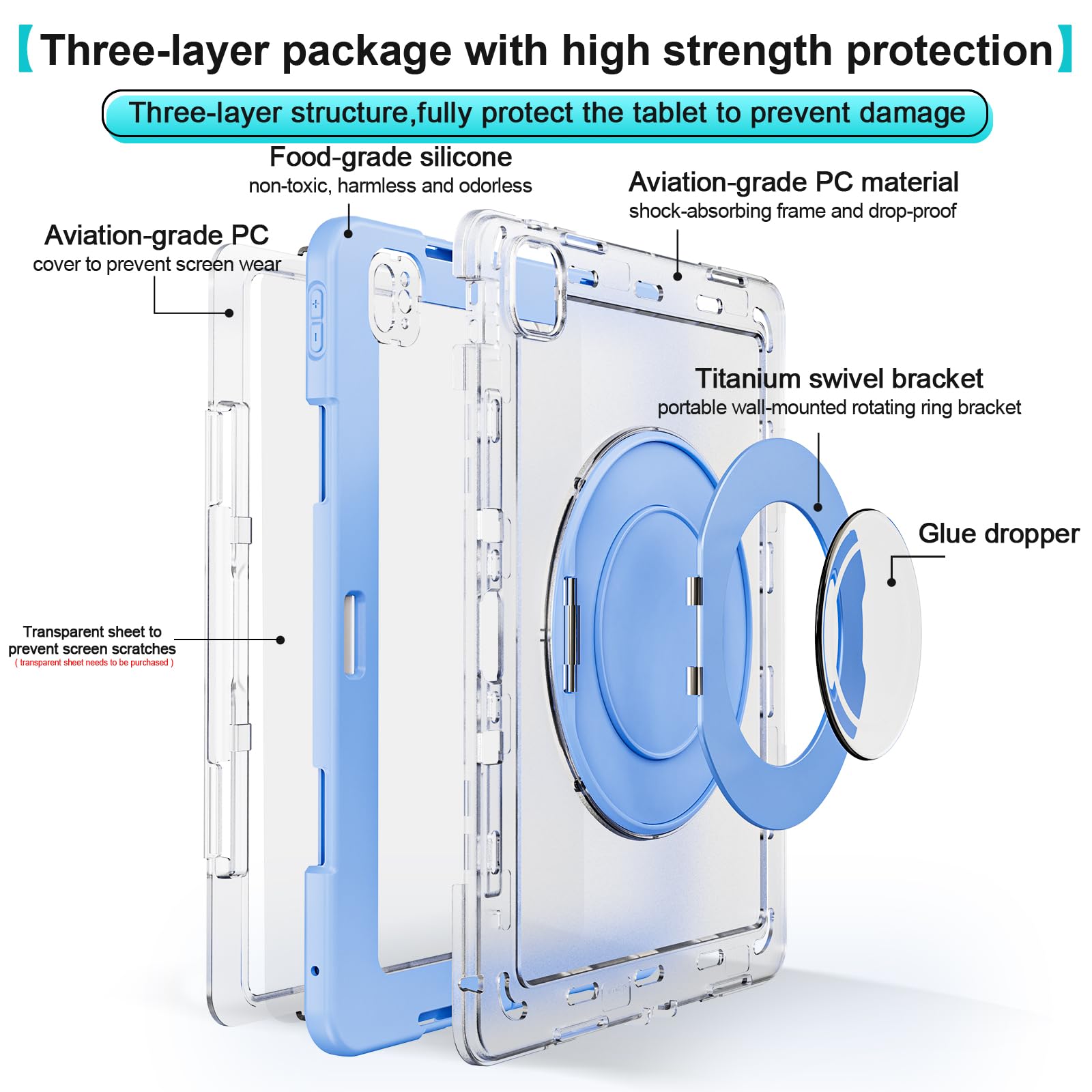 Custodia in silicone resistente per tablet iPad Pro 11" 2024, custodia antiurto Crystal Armor Series con portamatite, supporto girevole in titanio con anello grande da appendere