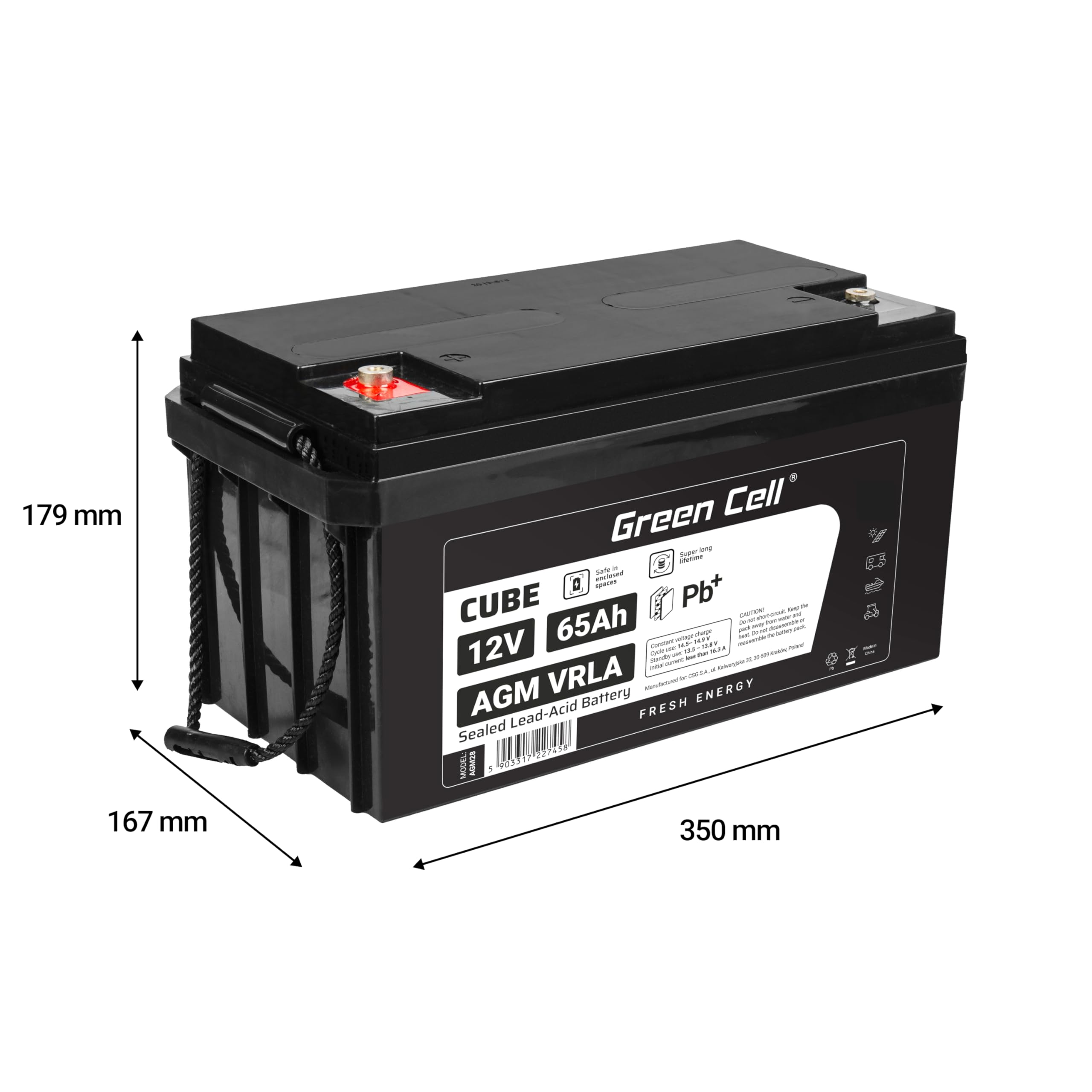Green Cell® AGM 12 V 65 Ah akumulator z włókniny VRLA ołowiowy akumulator ołowiowy, akumulator ołowiowy, akumulator zastępczy, akumulator zasilający, odporny na cykle bezobsługowy, solarny napęd do