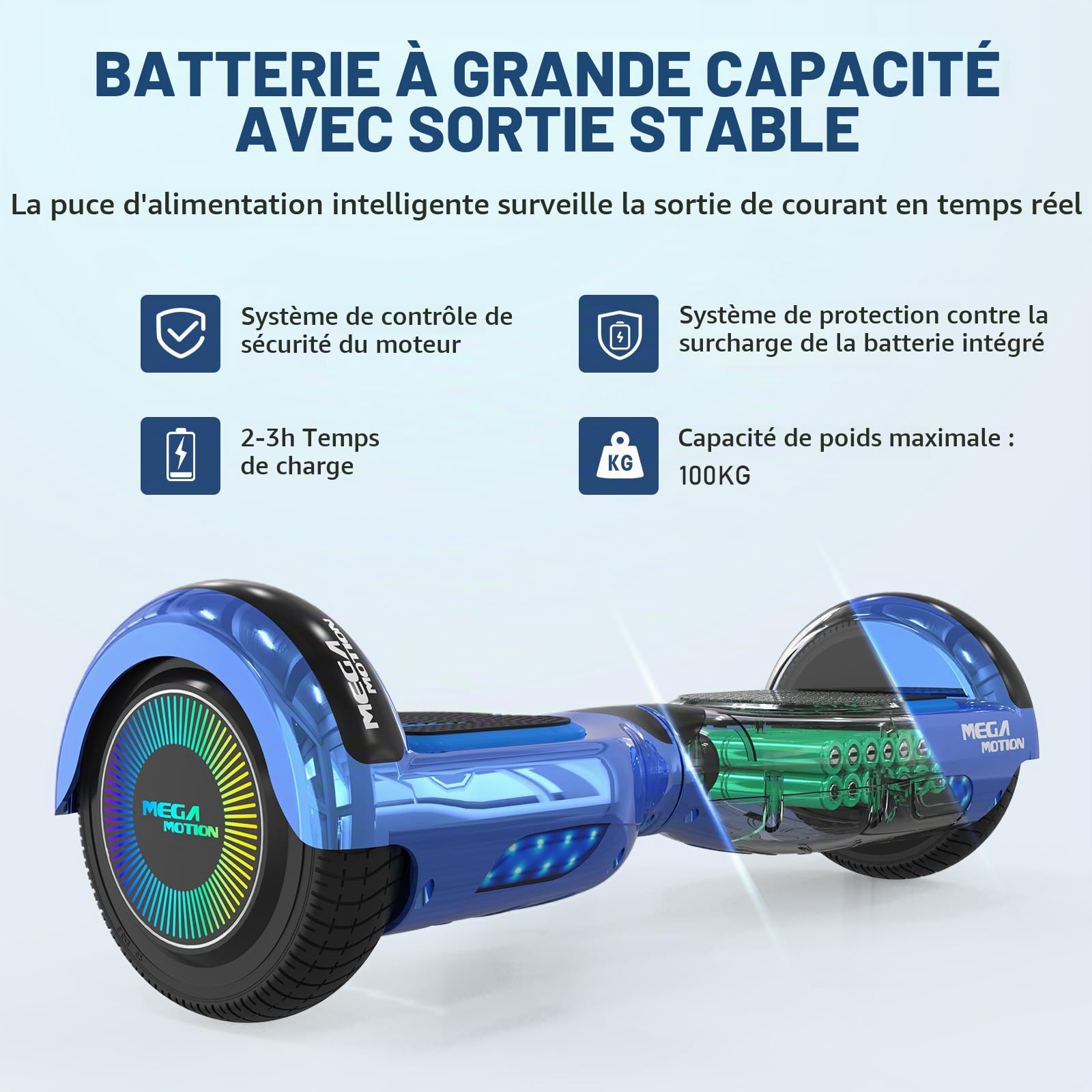 MEGA MOTION Hoverboard, Hoverboards à Deux Roues de 6,5 Pouces avec Haut-Parleur Bluetooth, avec Lumières LED colorées, Cadeau pour Enfants et Adolescents