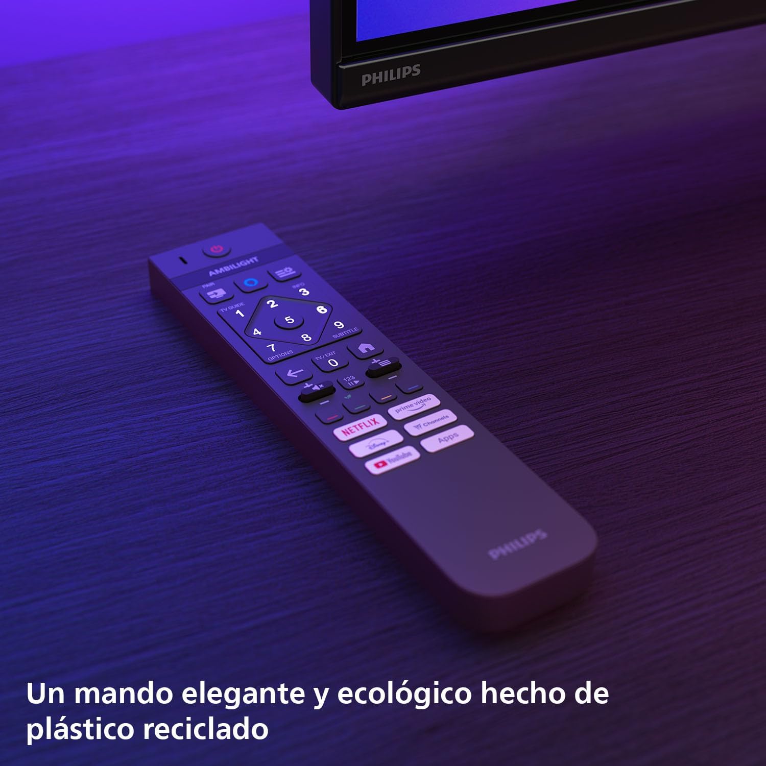 Philips TV remote control made from recycled plastic, illuminated by Ambilight.