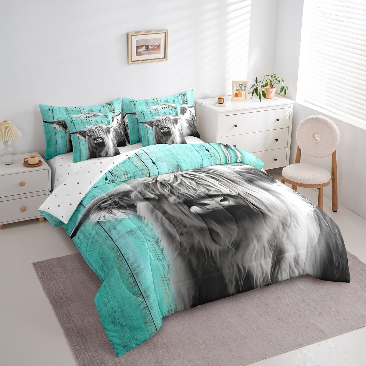 Erosebridal Highland Cow Comforter for Kids Boys, Bull Cattle Fitted Sheet Queen Size Retro Wooden Board Flat Sheet Farm Animal Pillow Cases Rustic Farmhouse Throw Pillow Covers, Grey Teal