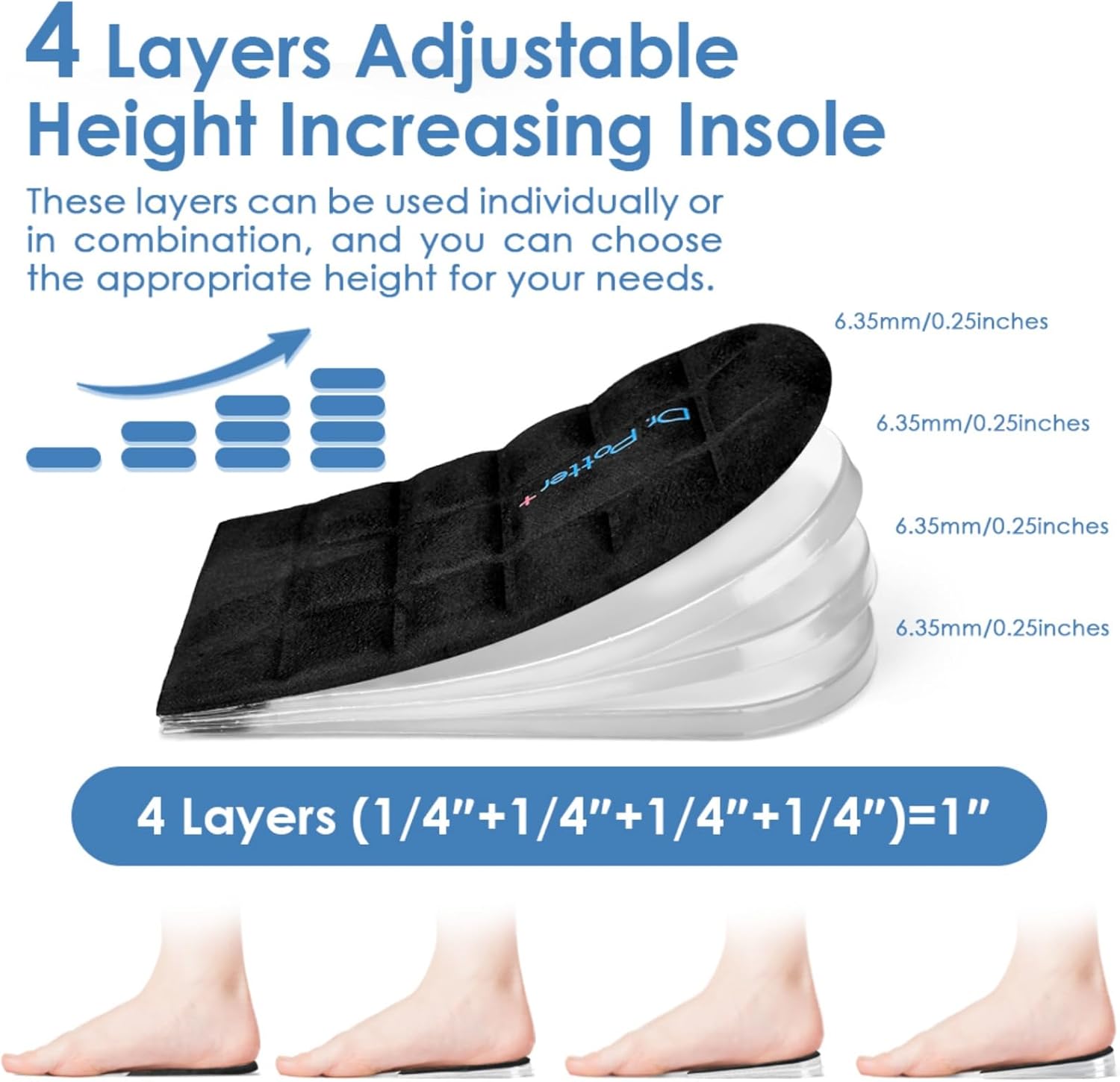 4 Layers Adjustable Height Increase Insoles, 1 Inch Heel Lift for Leg Length Discrepancies, Heel Cushions for Heel Spurs and Heel Pain, Heel Inserts for Women and Man (Black, Large) - Image 2
