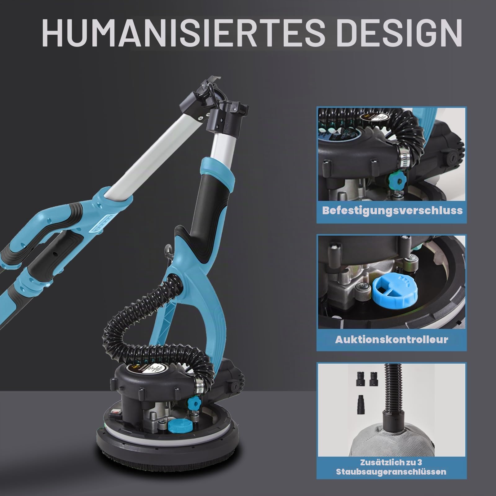 Giraffenschleifer, 750 W, professionell, mit automatischem Vakuumsystem und LED-Licht, Wand- und Teleskop-Deckenschleifer, Durchmesser 215 mm, 7 Geschwindigkeitsstufen, 900-1800 U/min (blau)