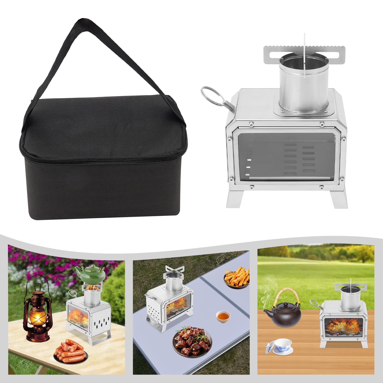 Réchaud de camping 18,5 x 12,8 cm - Pliable - Portable - Compact - Petit carburateur à bois - Pour le camping, la randonnée, la pêche sur glace et les excursions de chasse