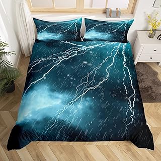 Erosebridal Blue Lightning Duvet Cover Twin,Nature Landscape Bedding Set Nature Scenery Comforter Cover for Boys Teens,Natural Disaster Bed Sets Thunderstorm Weather Bedroom Decor