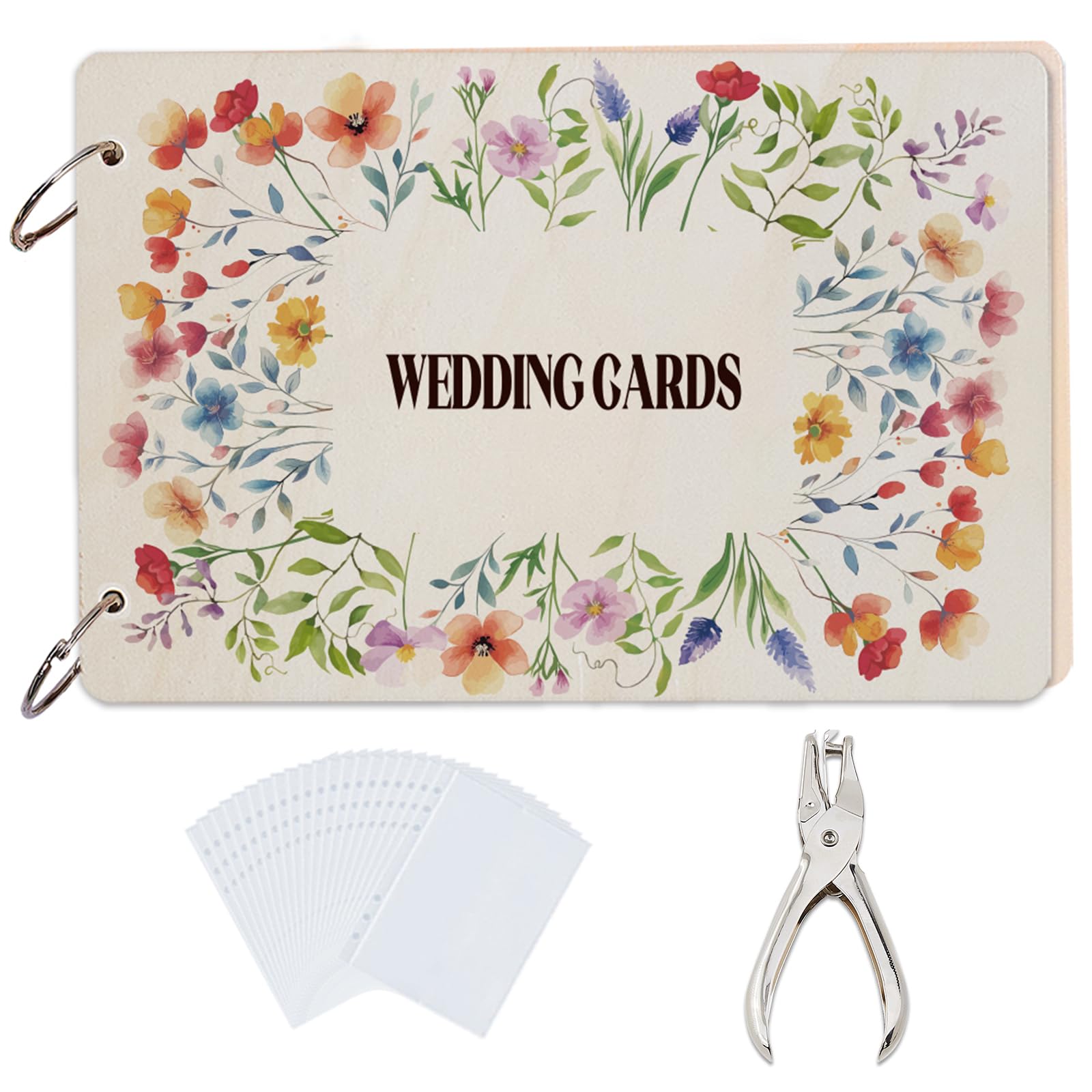 SUPERDANT Wedding Cards Greeting Card Organizer Colorful Flowers Greeting Card Binder Wooden Cards Keeper Binder 2-Rings Post Photos Album for Birthday Wedding Holiday with Punch and 20 Pockets