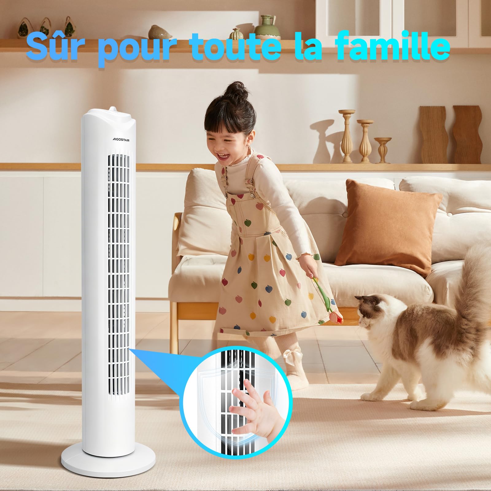 Aigostar Ventilateur Colonne Silencieux 81CM, 3 Vitesses,Oscillation 70°, Minuteur 2H, Blanc,Ventilateur Tour Puissant 45W,Économique pour Salon Bureau Chambre -Benson White