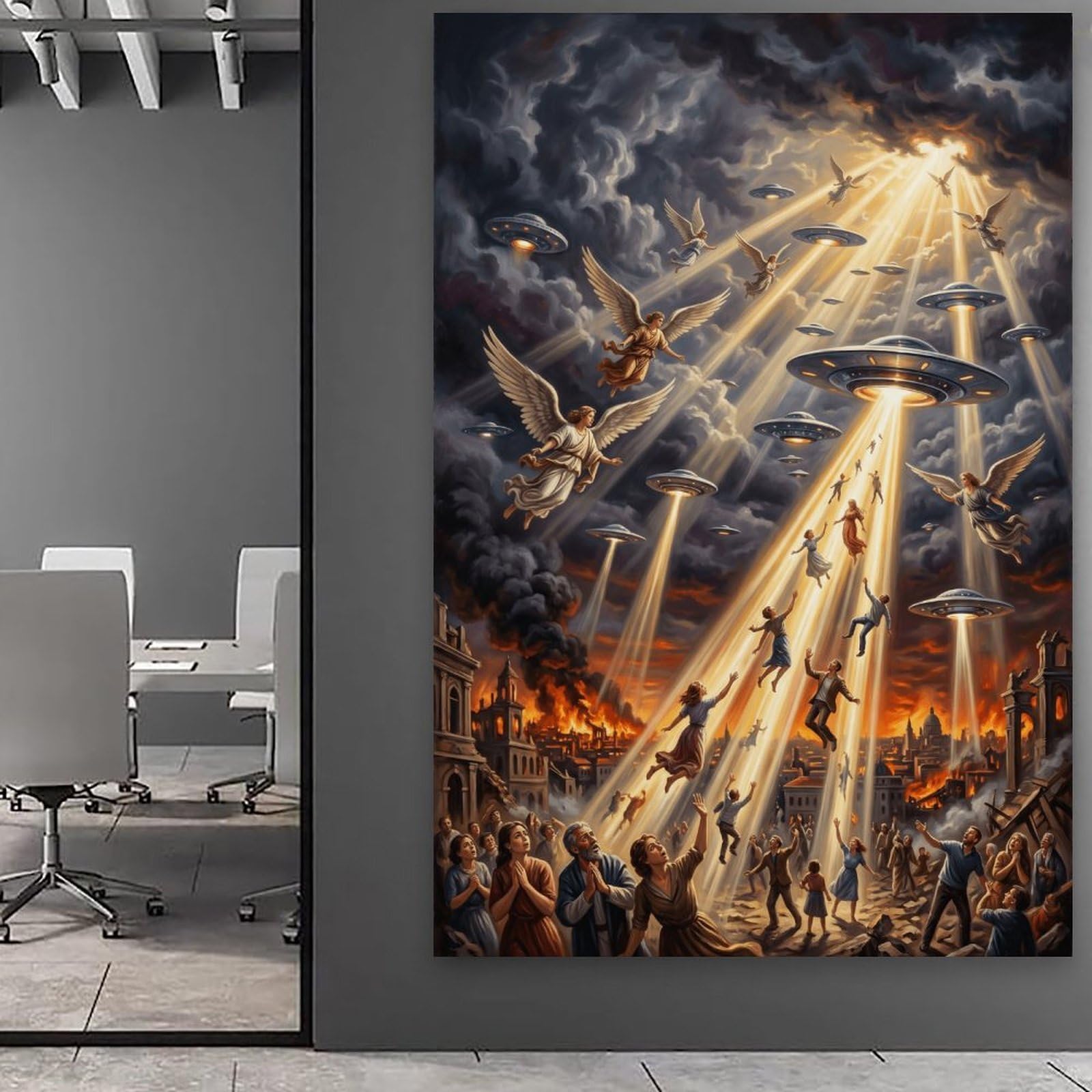 Poster apocalittico, stampa su tela con UFO religioso, angeli e alieni che raggiano persone, arte surreale di fantascienza, arte da parete per soggiorno, 40 x 60 cm