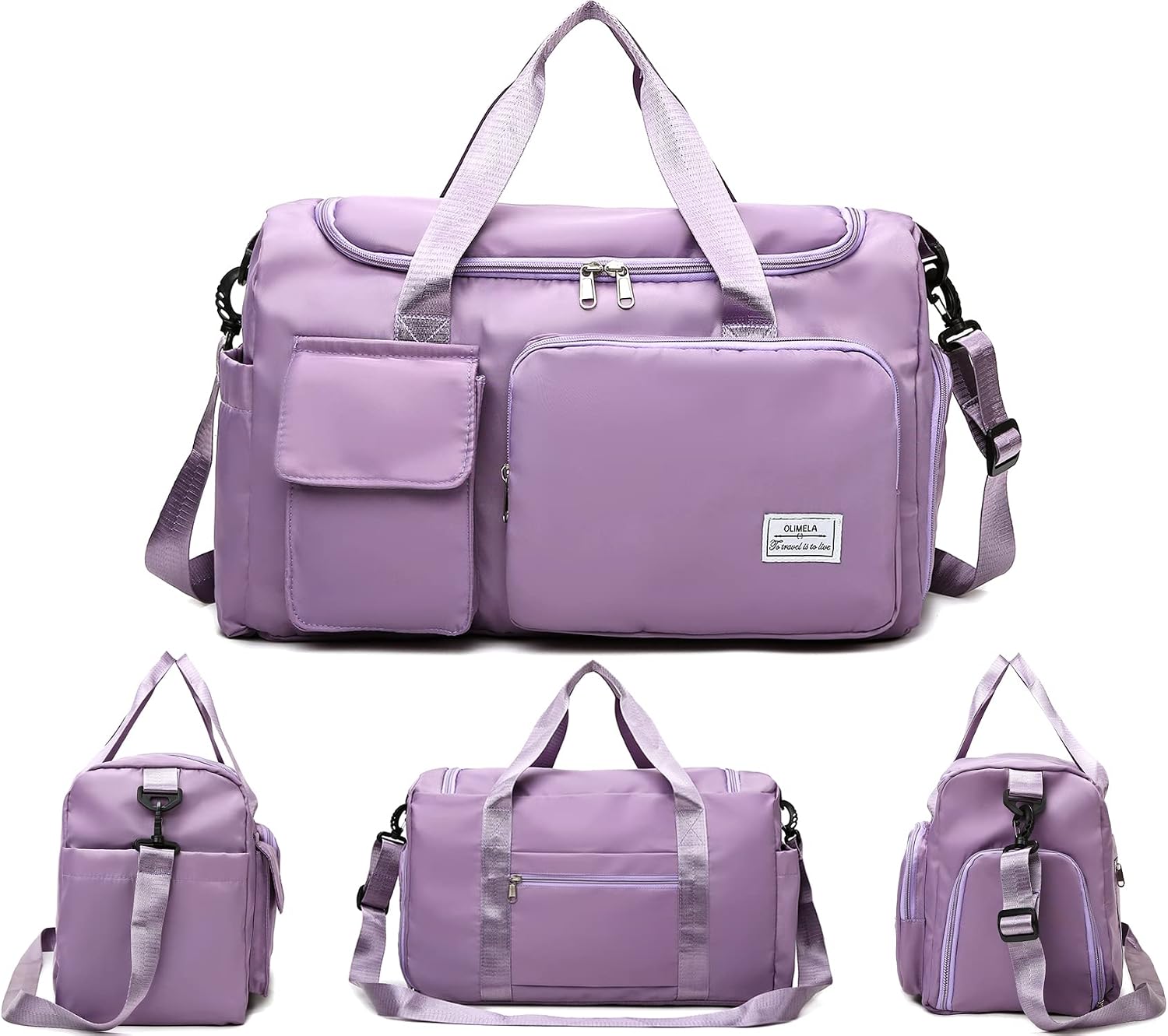 Upgrade Lightweight Waterproof Travel Duffel Bag, Sports Tote Gym Bag, Shoulder Weekender Overnight Bag with Wet Pocket & Shoes Compartment for Women (E-Light Purple)