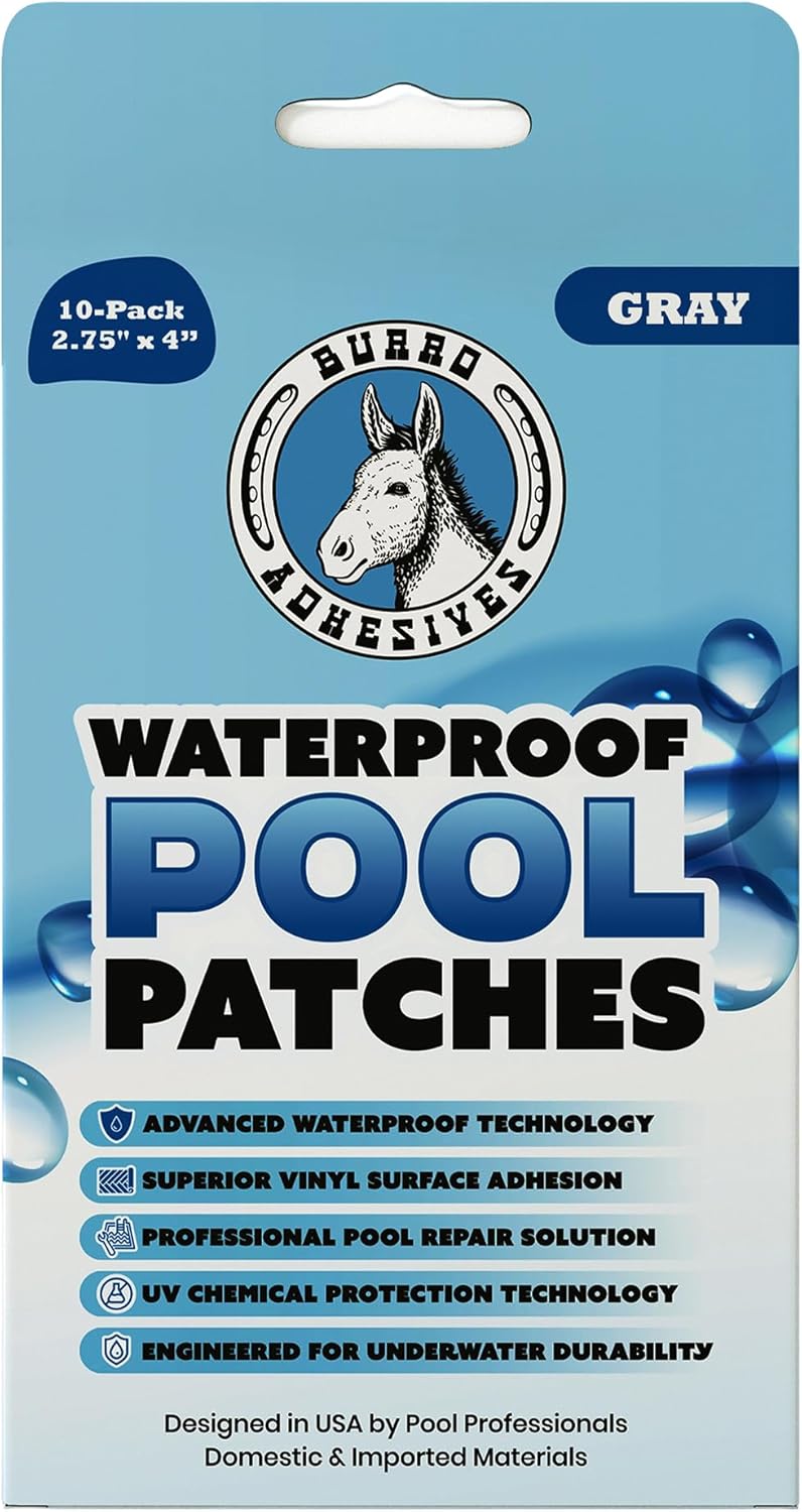 Burro Adhesives 10-Pack Waterproof Gray Pool Patches - Professional Grade PVC Repair Kit with 2.75" x 4" Heavy Duty Patches for Commercial & Residential Vinyl Liner Pools, Works Underwater & Dry