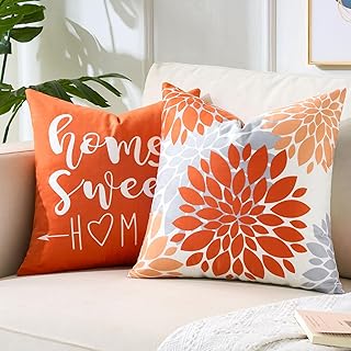Kissen Bezug 45 x 45, 2er Set Dekorativer Kissenhülle Orange Grauer, Dekokissen Bezüge mit Dahlie Modern Geometrische Blume Muster für Sofa Couch Bett Wohnzimmer Sofakissen Bedroom Decor