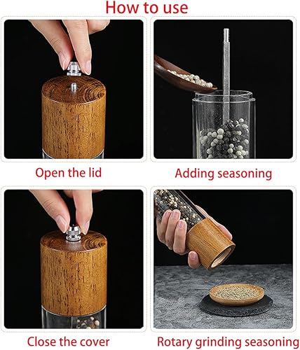 Miniatura 5 de Paquete de 2 molinillo de sal y pimienta, salero y pimentero de madera, molinillo de pimienta ajustable y molinillo de sal para moler grueso y fino,