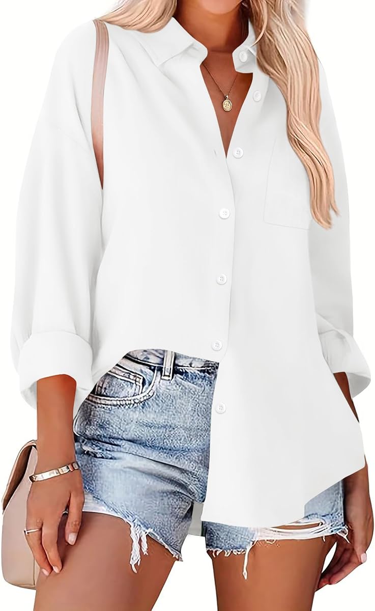 Zeagoo Women Button Down Shirts Oversized Long Sleeve Blouses with Pocket