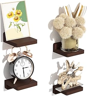SRIWATANA Small Floating Shelves Wall Mounted, Wood Shelf for Decoration and Storage Set of 4, Mini Display Shelf for Bedroom, Bathroom, Kitchen, Office (Walnut, 4 inch)