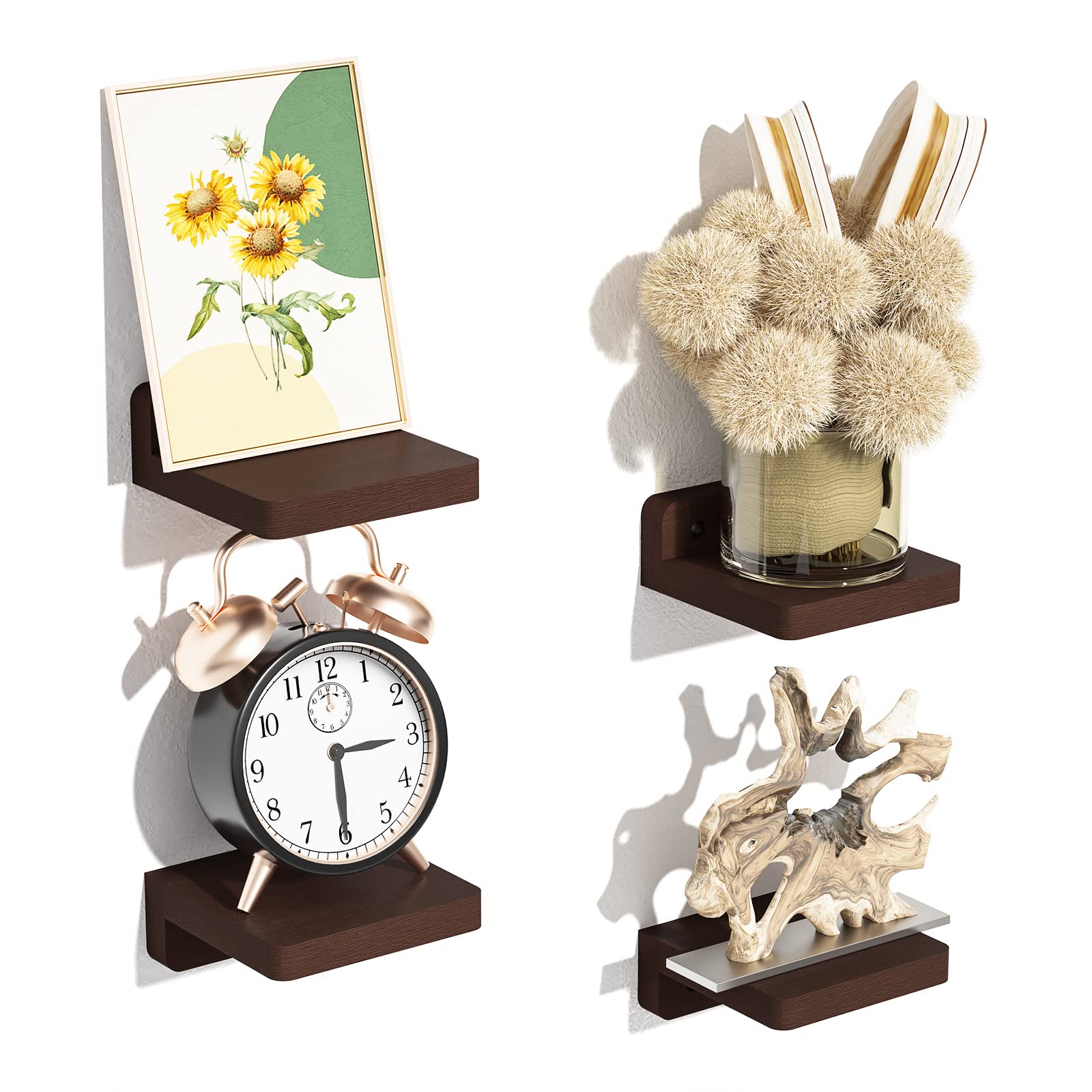 SRIWATANA Small Floating Shelves Wall Mounted, Wood Shelf for Decoration and Storage Set of 4, Mini Display Shelf for Bedroom, Bathroom, Kitchen,