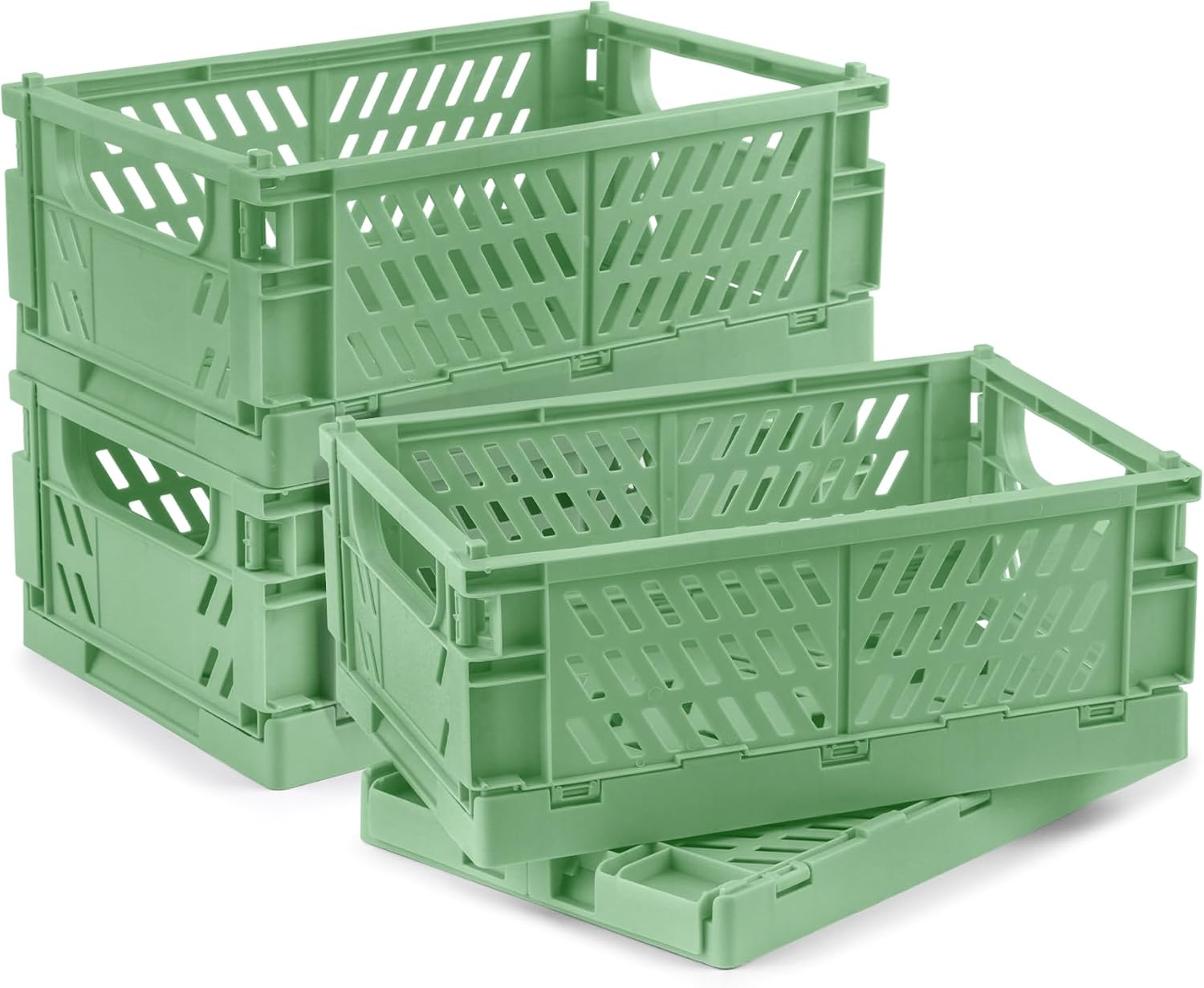 4 Pcs Collapsible Storage Crates, 10x5.9x4 inches Space-Saving Folding Containers, Stackable Plastic Boxes for Home Kitchen Office Bedroom Bathroom, Green
