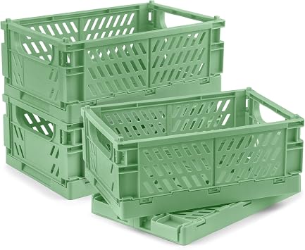4 Pcs Collapsible Storage Crates, 10x5.9x4 inches Space-Saving Folding Containers, Stackable Plastic Boxes for Home Kitchen Office Bedroom Bathroom, Green