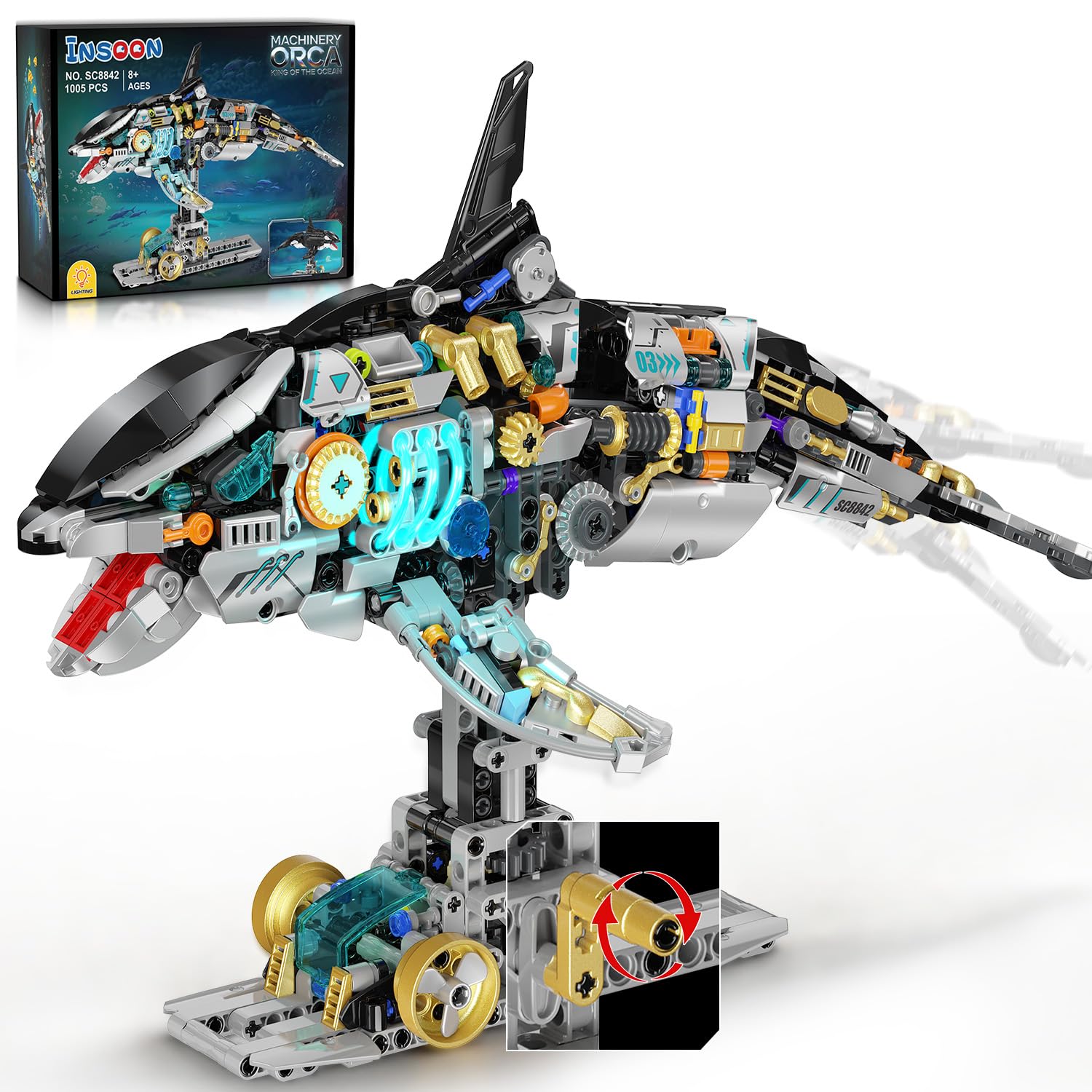 INSOON Orca Meccanica Set di Costruzione STEM per Bambini 12+ | Kit costruzione orca con meccanismo a manovella, gioco marino STEM, regalo di compleanno e Natale per bambini e adulti