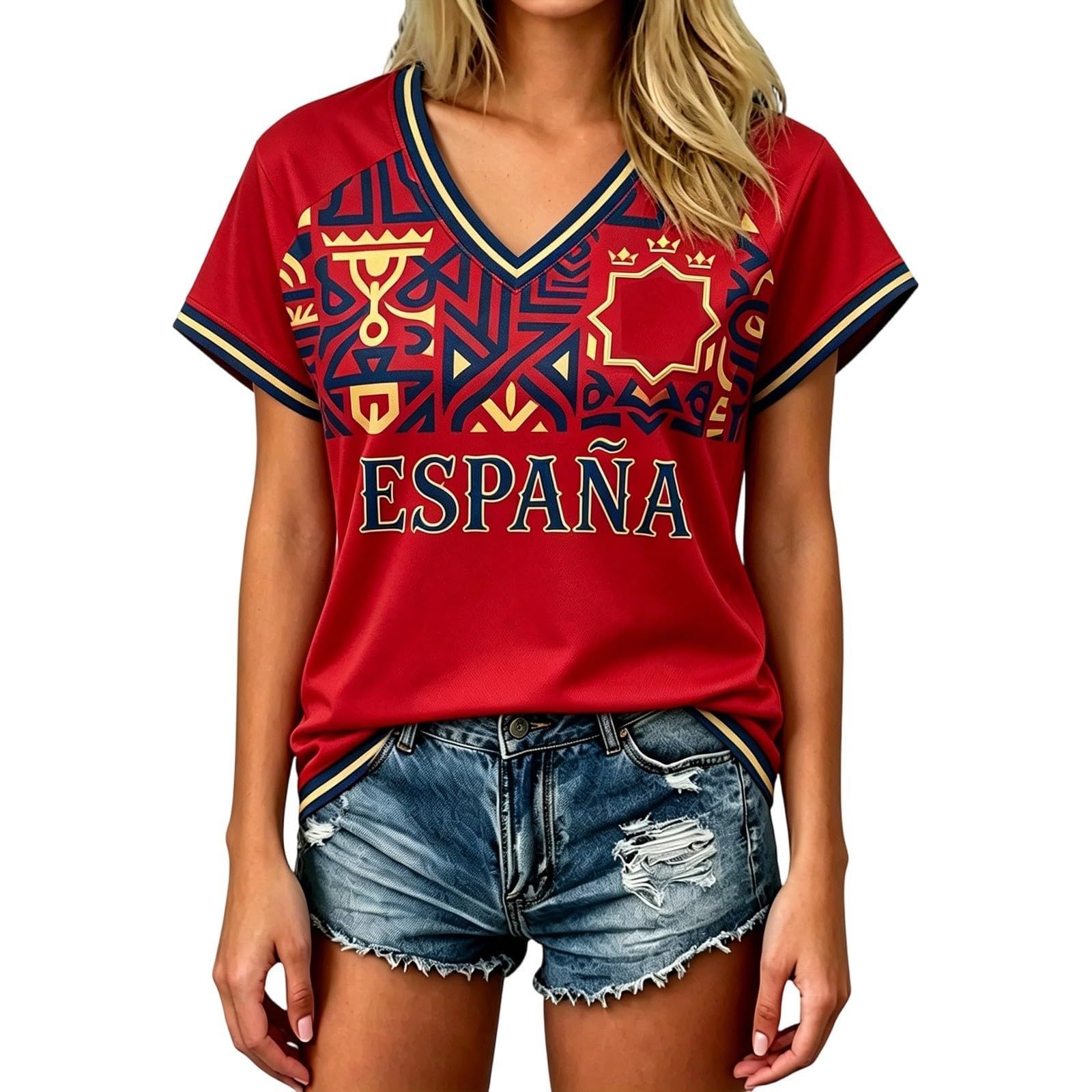 Spain Football T-Shirt for Women Short Sleeve V-Neck Shirts Spain Flag Comfortable Casual Tee Retro Soccer Jersey Adult and Kids Summer Tops (3-Brick Red, XL)