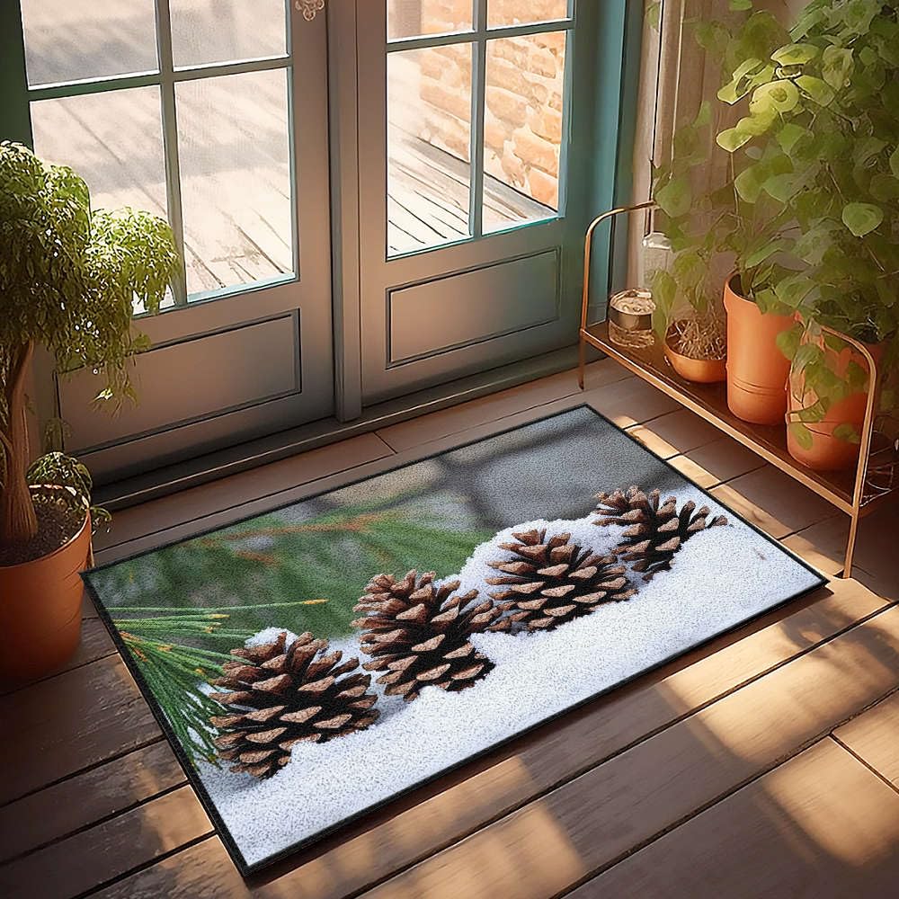 Paillasson d'extérieur pommes de pin neige | Tapis de sol entrée et chambre 65 x 90 cm