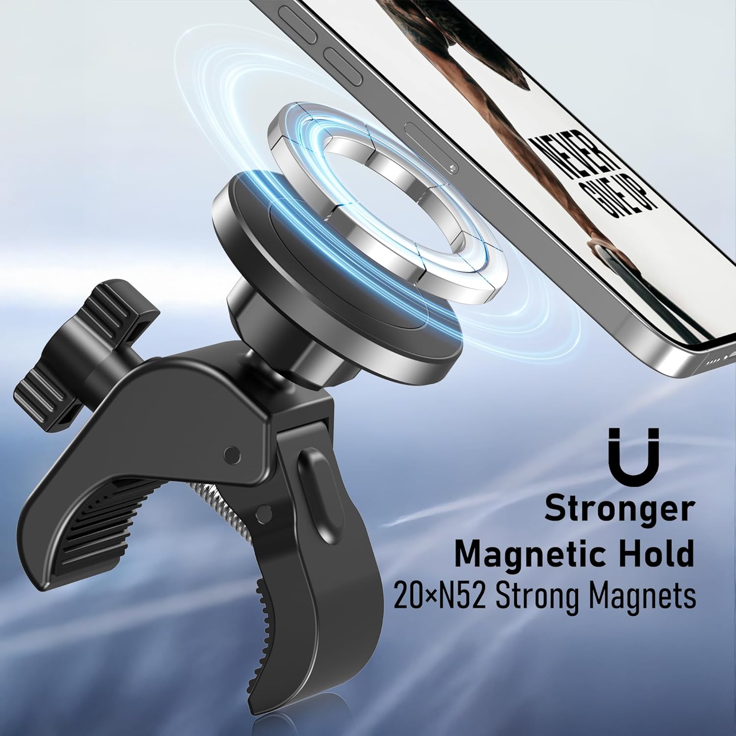 Magnetic Phone Holder Clamp Mount – 20 x N52 Strong Magnet Mount for Gym, Spin Bike (Fits Peloton), Treadmill, Stroller, Golf Cart, Shopping Cart – Compatible with Mag-Safe iPhone 12-17 Series - Image 2