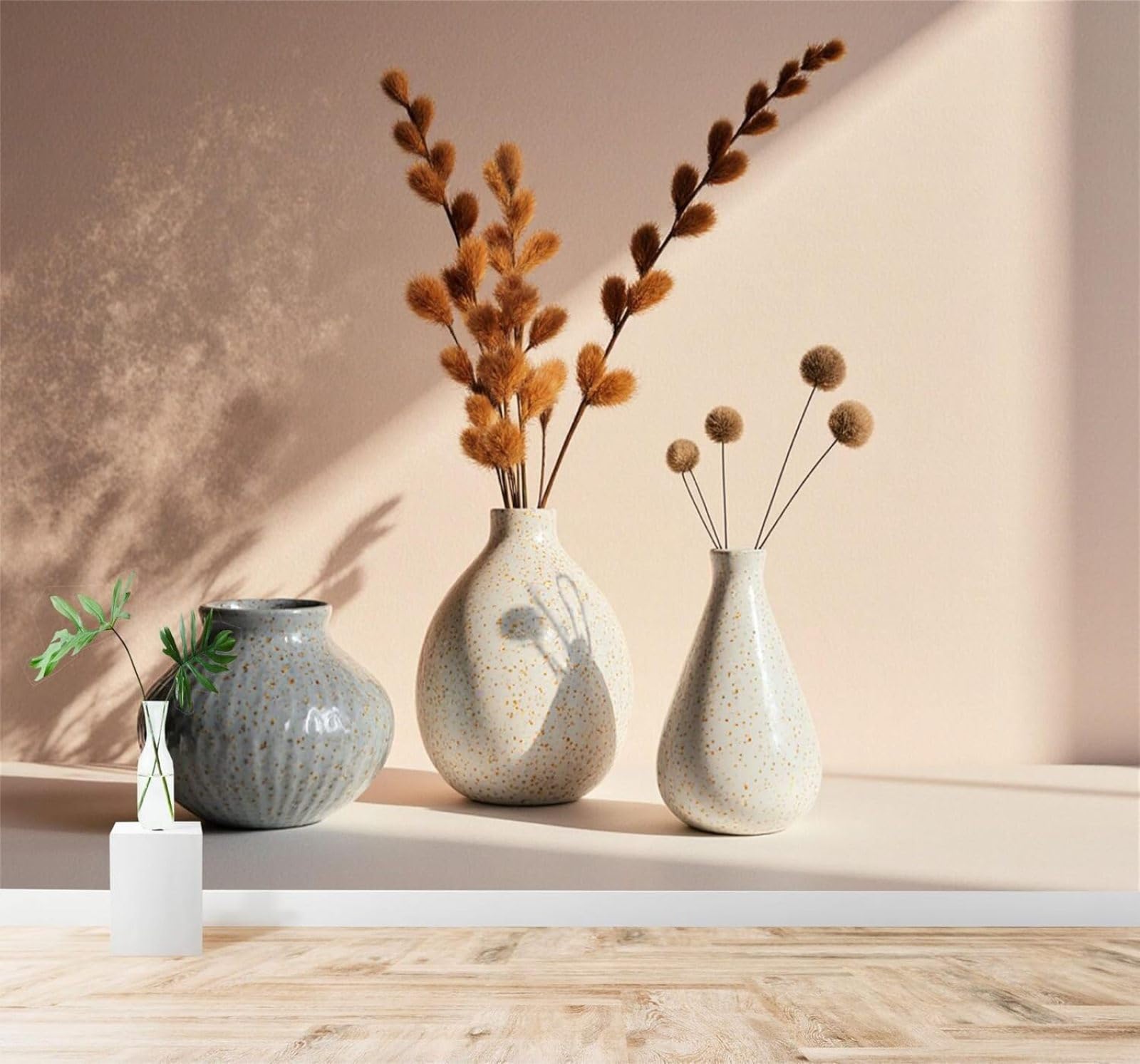 Tzxztt 400Cm×280Cm(B×H) Minimalist Three Dimensional Ceramic Vase Dried Plants Soft Shadows Modern 3D Wallpaper Premium Textured Silk Neutral Tones Material Ideal For Living Room Bedroom-400Cm×280Cm