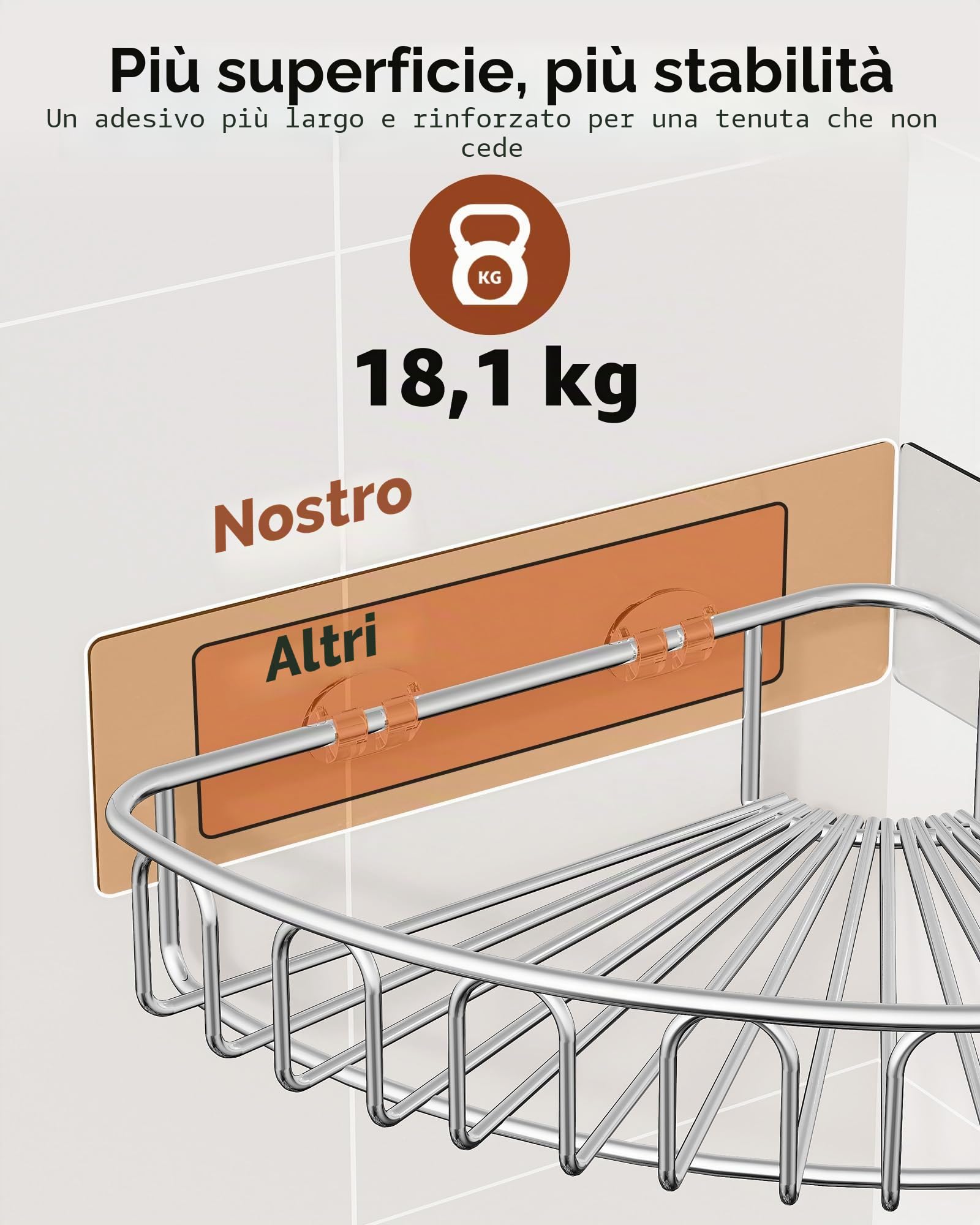 Orimade Adesiva Mensola ad Angolo Bagno Stoccaggio Portaoggetti da Doccia Gabinetto SUS 304 Acciaio Inossidabile Nessuna Perforazione - 2 Pezzi