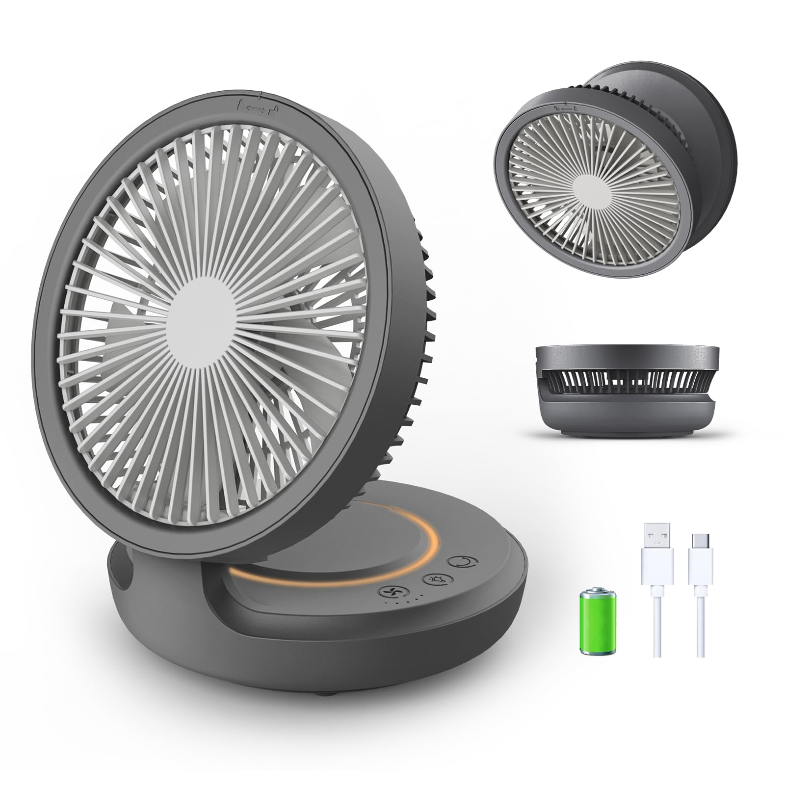 shinic Ultra Quiet Table Fan, Rechargeable Battery Operated Desk Fan with Auto Oscillation, 4 Speeds Portable Air Circulation Fan with Hook, Small Wall Fan for Bedroom Home Desktop Office, Grey