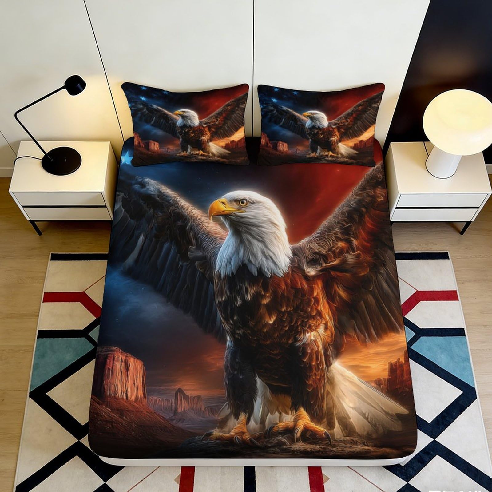 3D Printed Majestic Eagle Fitted Sheet Microfiber Soft Decor Sunset Landscape Mattress Cover for Bedroom Guest Room Protection 90x200x25cm