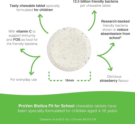 Pro-Ven for Children (4-16) Fit for School Gut Health and Immune Support 12.5 Billion CFU & Vitamin C Supplement 30 Strawberry Chewable Tablets