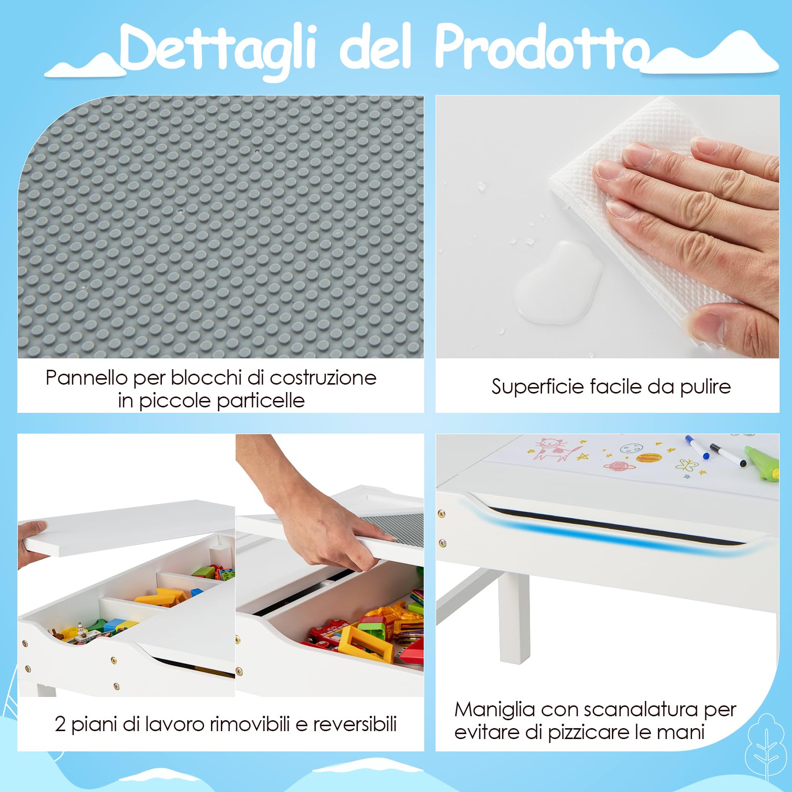 RELAX4LIFE Tavolo da Gioco per Bambini in Legno 80x60x57CM, Tavolo da Costruzione Reversibile con Vassoio a Doppia Faccia, Rotolo di Carta e Carta, 3 Cubi (BIANCO)