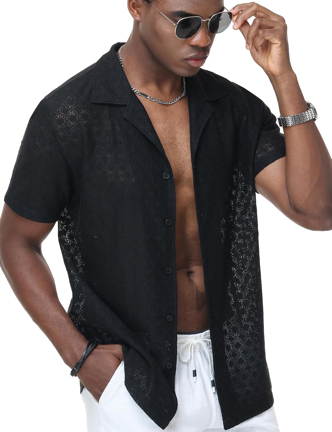 Men's Floral Lace Shirt Hollow Out Short Sleeve Button Down Shirts See Through Beach Shirts S-2XL