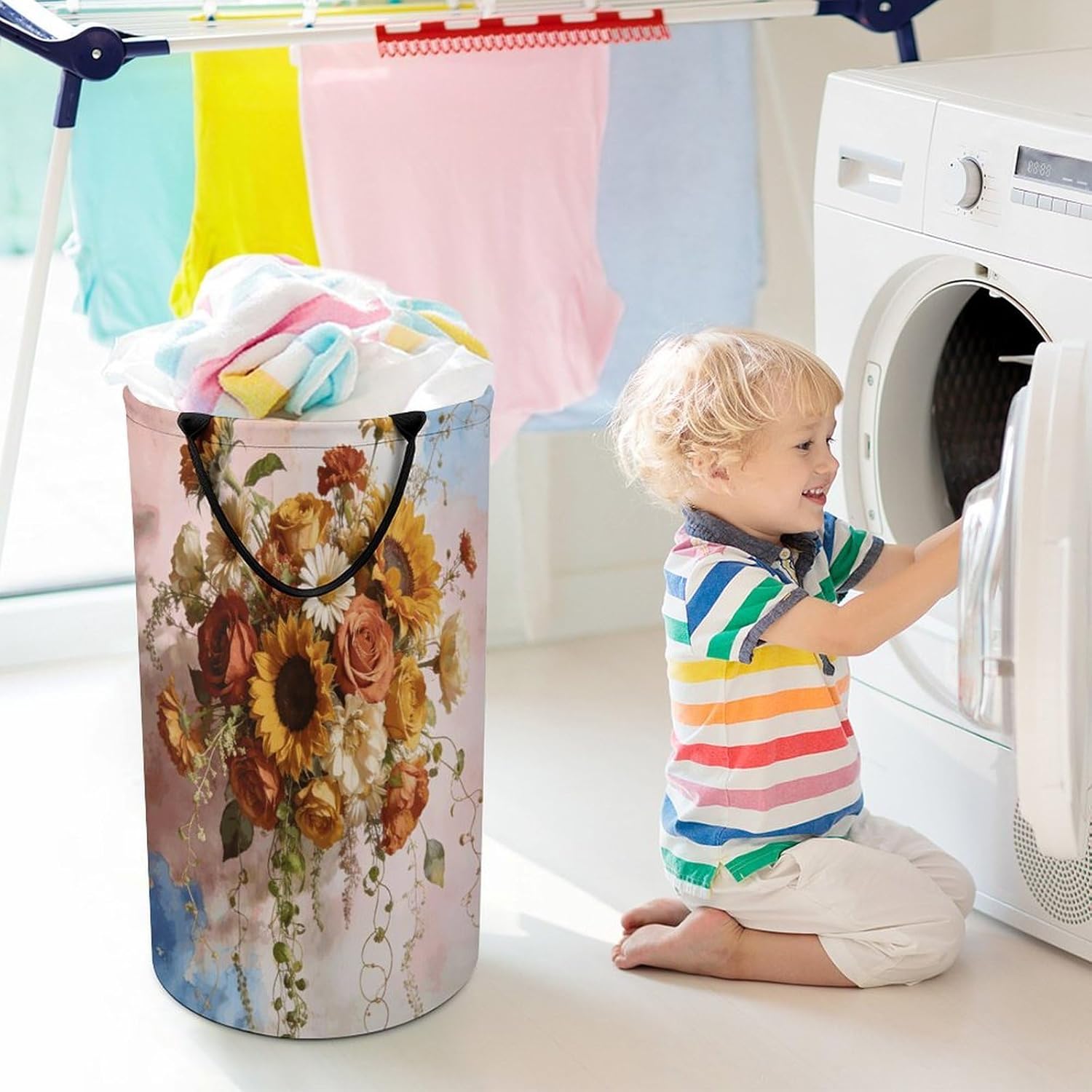 Boho Floral Laundry Hamper 86L Waterproof Collapsible Clothes Basket with Double Handles Freestanding Foldable Laundry Basket Large Clothes Hamper for Bathroom