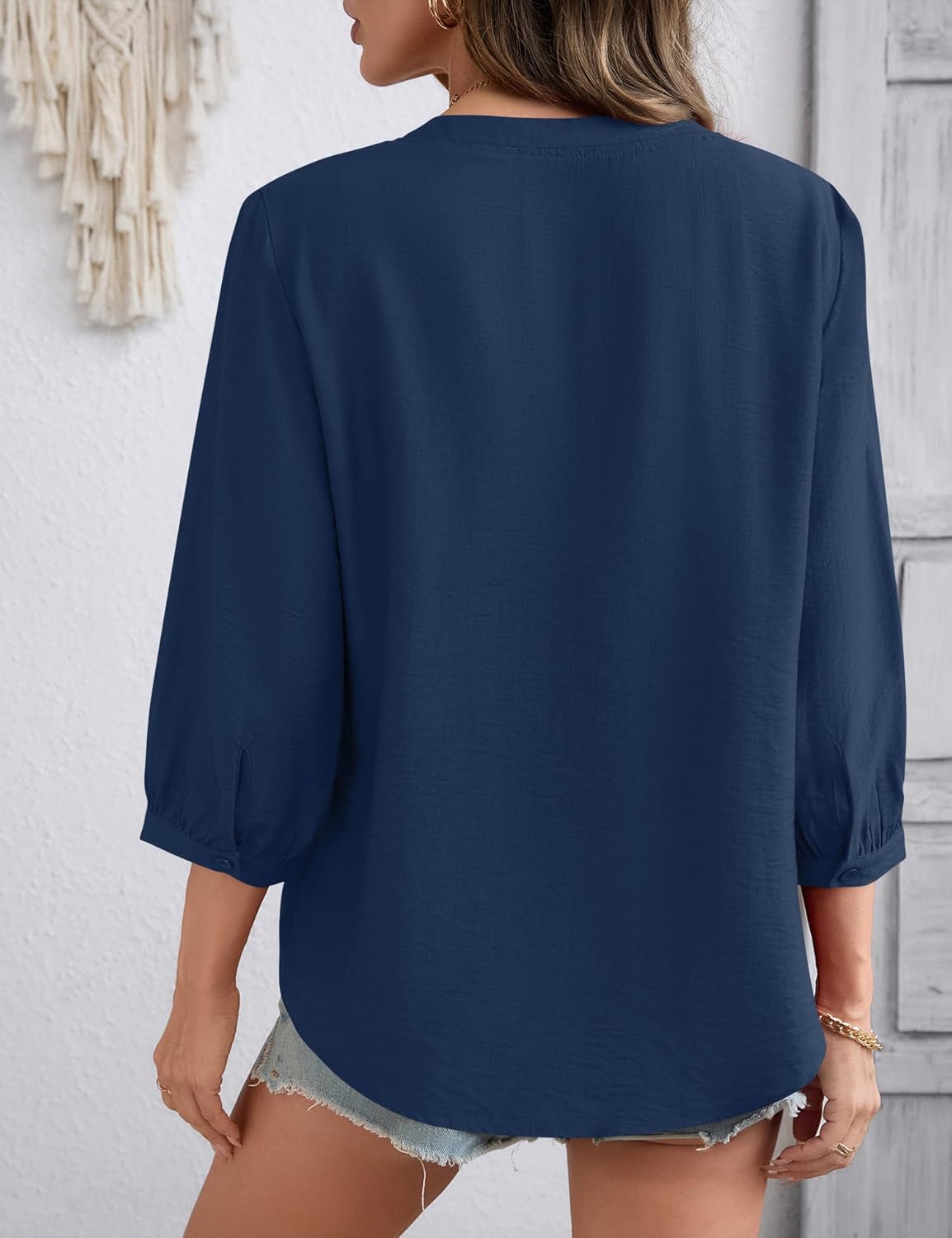 LOMON Womens 3/4 Sleeve V Neck Boho Peasant Blouses Dressy Casual Breathable Soft Tunic Tops with Button Cuffs - Image 5