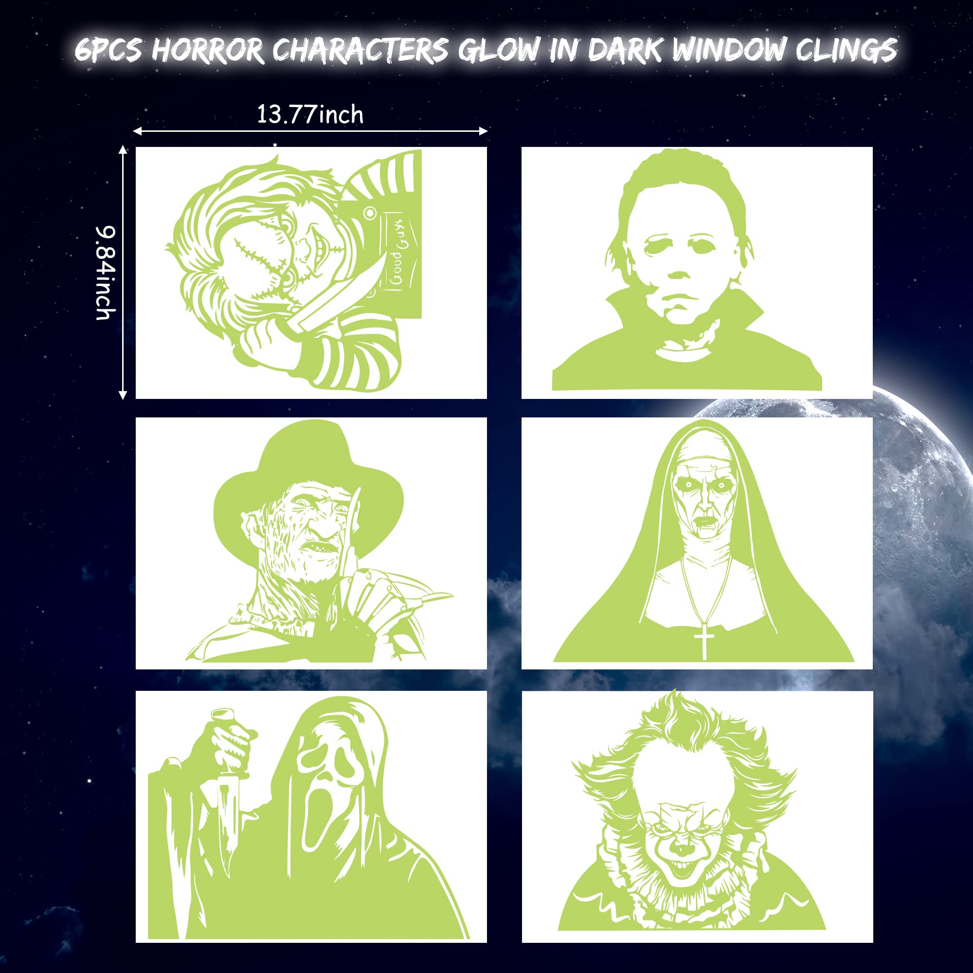 Eartim 6Pcs Horror Characters Glow in Dark Window Clings (Glow in Dark)