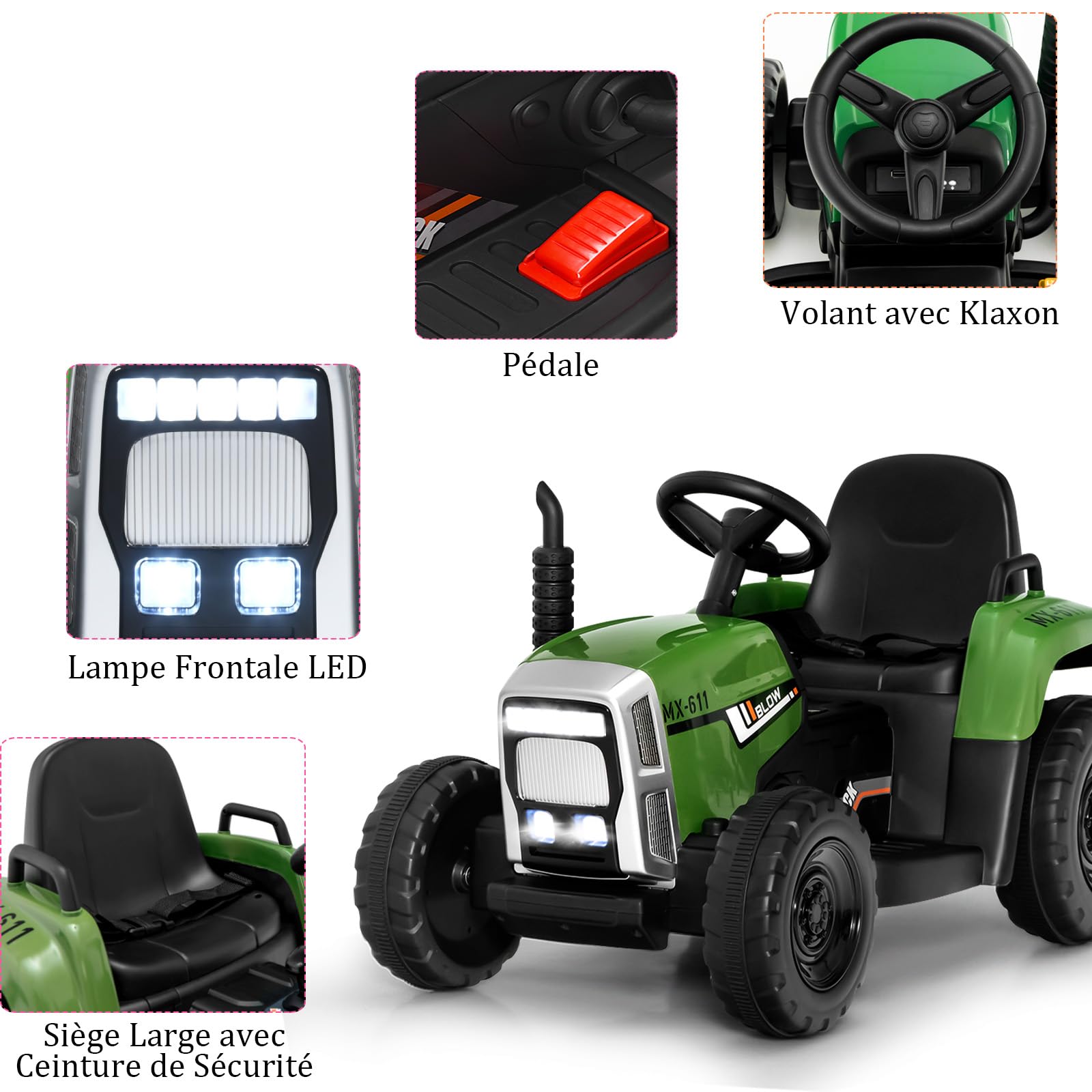 SOARS Spielzeugtraktor, Akku, 12 V, mit Fernbedienung, 2,4 G, 3 Geschwindigkeiten, Traktor mit elektrischem Anhänger mit Hupe/MP3/Bluetooth/USB/LED, Elektrotraktor für Kinder ab 3 Jahren