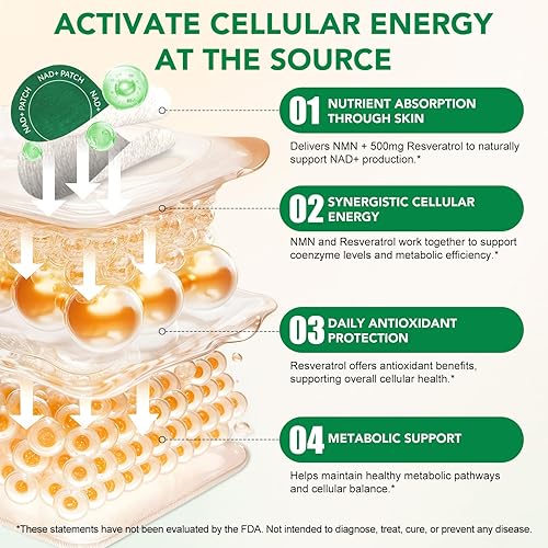 Miniatura 5 de Parches NAD+ de 30 unidades  500 mg NMN y Resveratrol parches antienvejecimiento para la piel, 8 horas de energía NAD Boost parche con NAC y CoQ10,