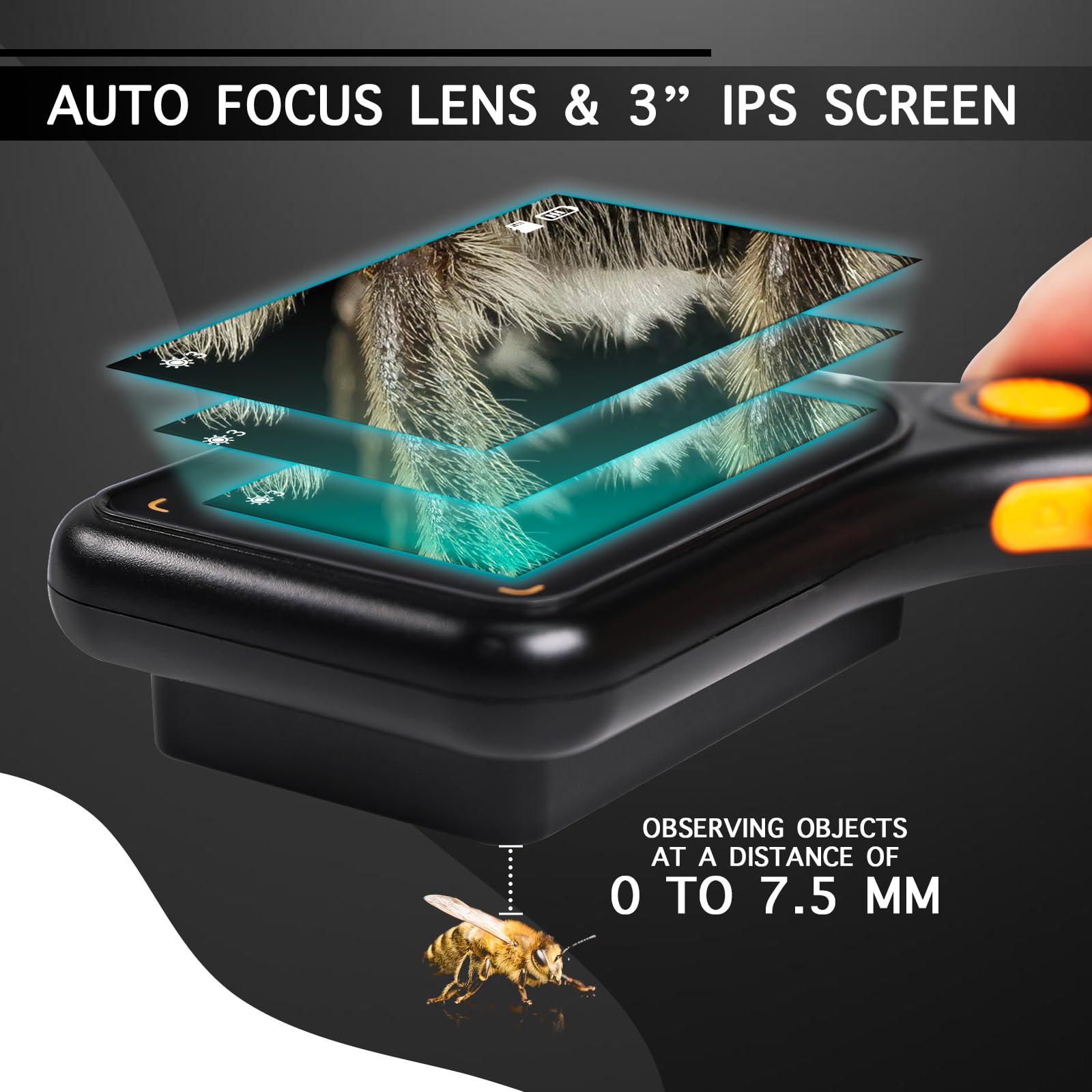 Digitales Mikroskop mit 7,6 cm (3 Zoll) IPS-Bildschirm, Autofokus, 8 LED-Leuchten, TF-Kartenschlitz, tragbare Handlupe für Münzen, Leiterplatten, Schmuckinspektion, Bildungsprojekte, kompatibel mit