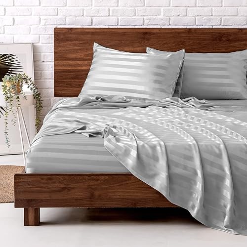 MR&HM Satin Bed Sheets, Twin Size Sheets Set, 3 Pcs Silky Bedding Set with 15 Inches Deep Pocket for Mattress(Twin, Silver Striped)