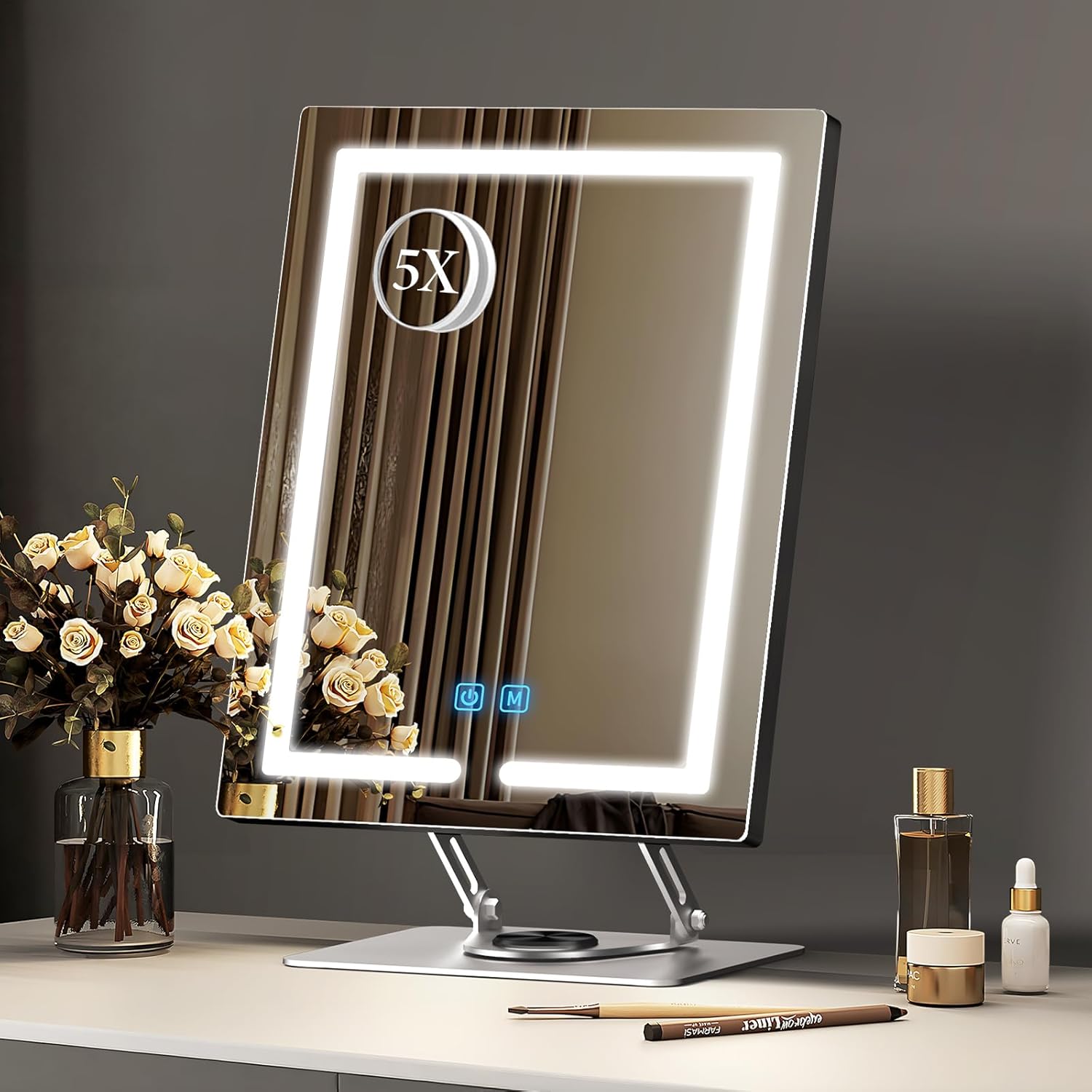 Vanity Mirror with Lights with 360° Rotation, LED Makeup Mirror with 5X Magnification, Lighted Makeup Mirror Adjustable Height, Angle and Light, Smart Touch Control Dark Gray 15.8"L x 12.6"W Dark Gray