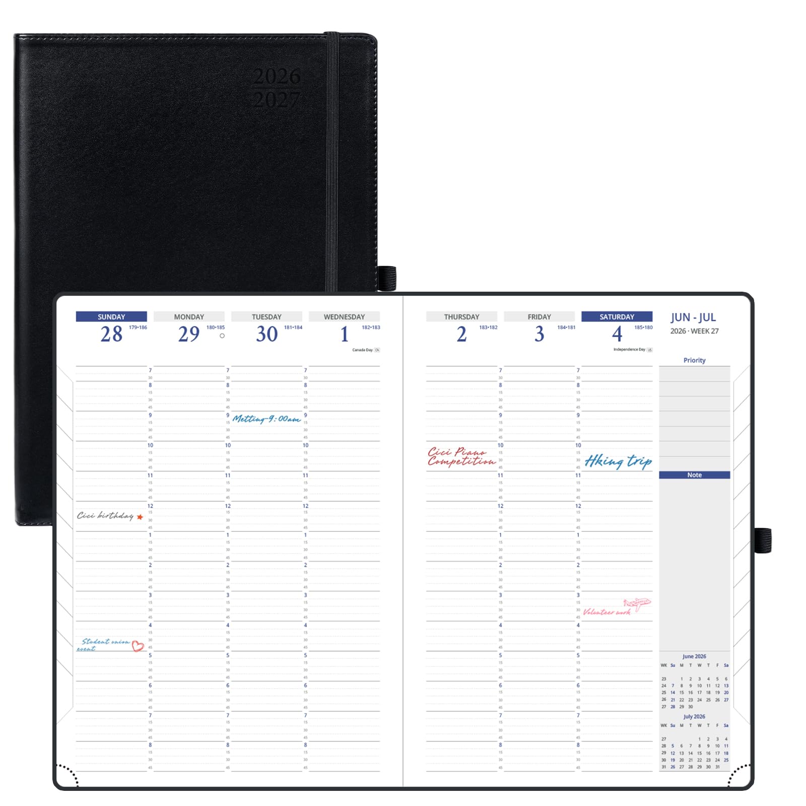 POPRUN Agenda 2026-2027, 21 cm x 29,84 cm, planificador semanal y mensual | Jul 2026 - Jun 2027, planificador por hora y libro de citas de 15 minutos, pestañas mensuales, bolsillo interior, color negro