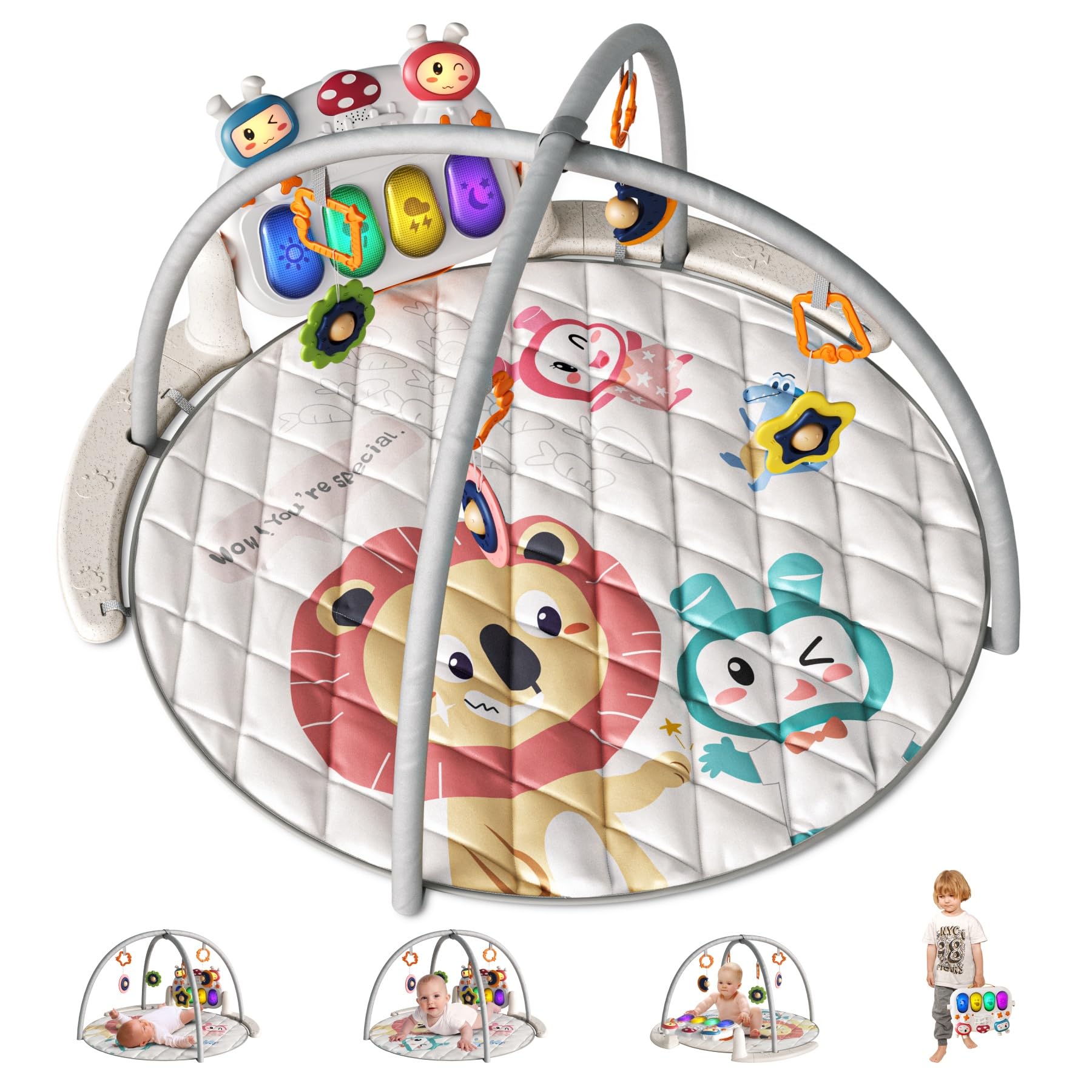 TUMAMA KIDS 4-en-1 Gimnasio De Juegos Para Bebe, Gimnasio Infantil Con Piano Activity Mat Bebe, 70+ Sonidos, 25+ Min De Música y Luces, Arco De Actividades Juego, Musical Gym Juguetes Bebés 0-6 Meses